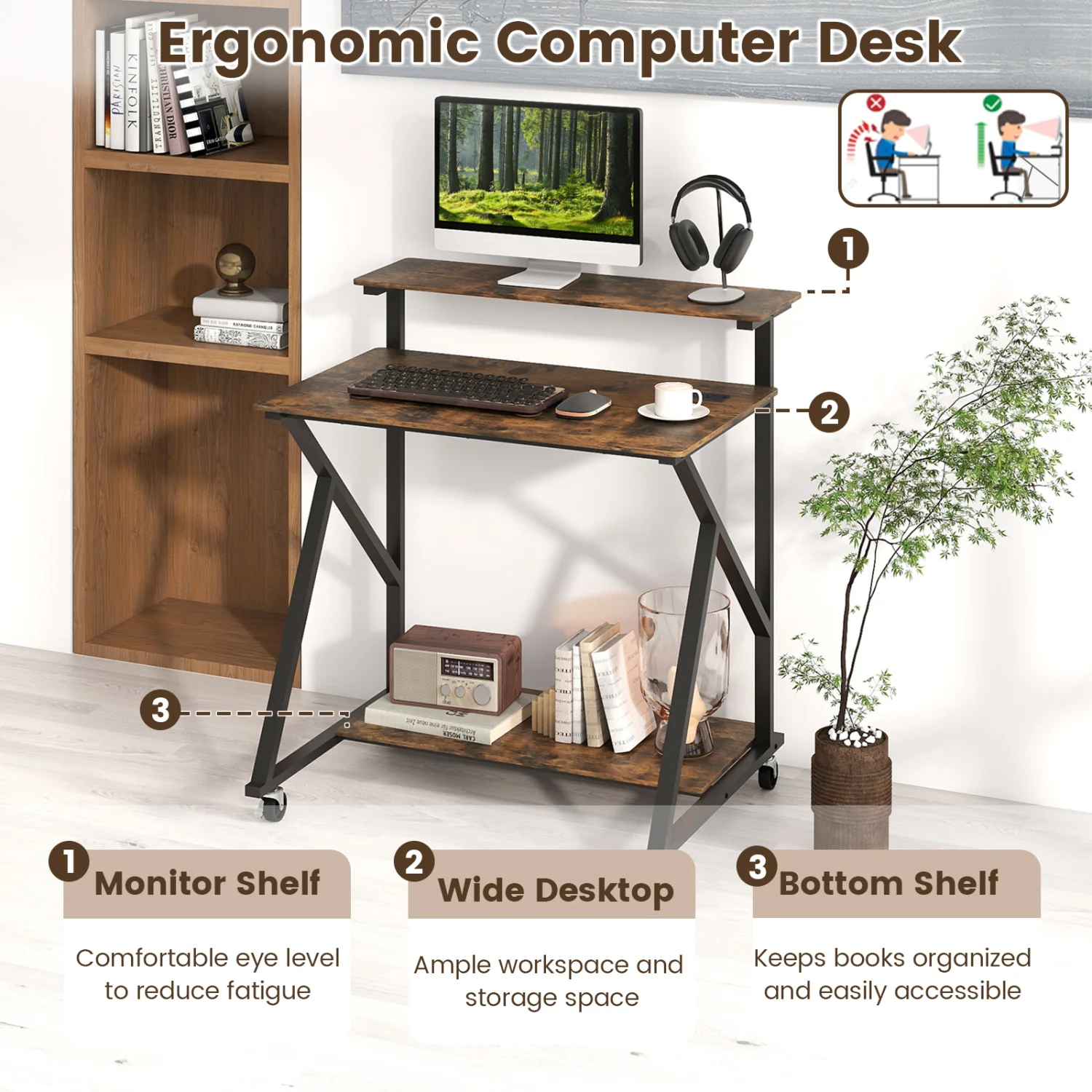 32 Inch Rolling Computer Desk, With Power Outlets, Rustic Brown - Image 10