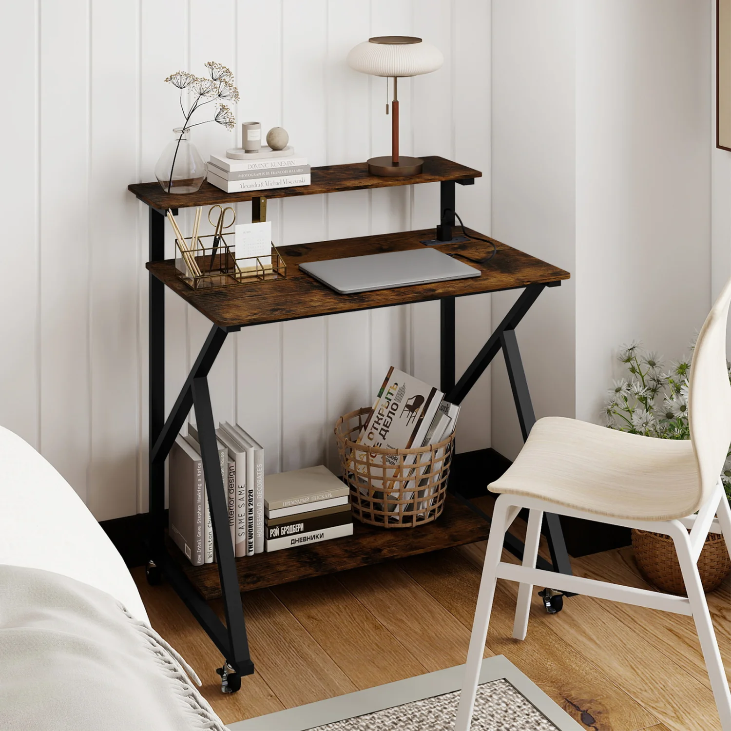 32 Inch Rolling Computer Desk, With Power Outlets, Rustic Brown - Image 2