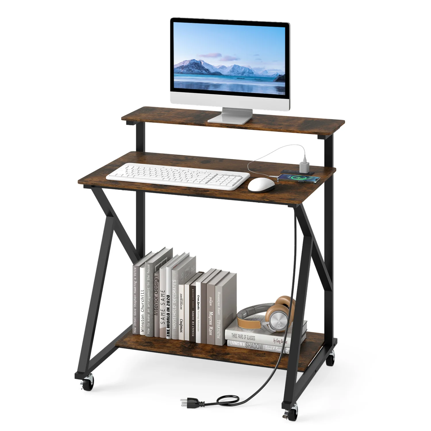 32 Inch Rolling Computer Desk, With Power Outlets, Rustic Brown - Image 5