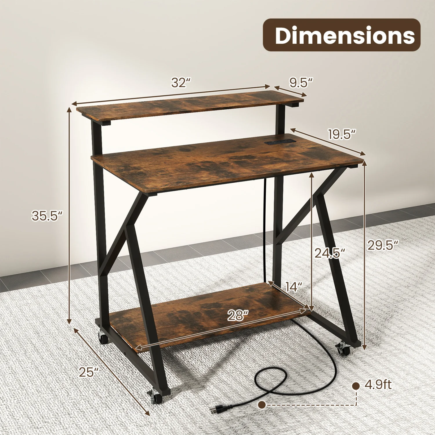 32 Inch Rolling Computer Desk, With Power Outlets, Rustic Brown - Image 6