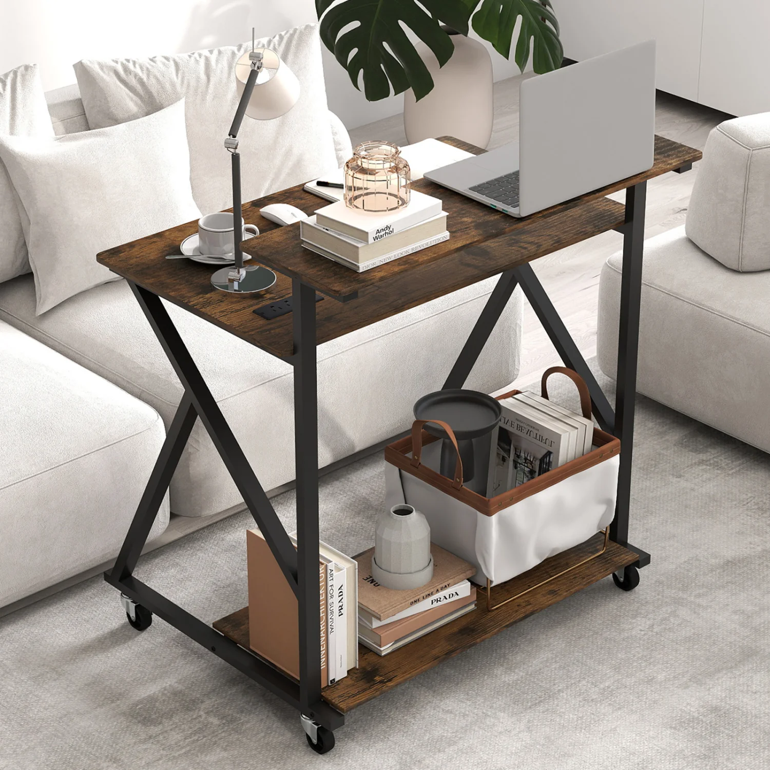 32 Inch Rolling Computer Desk, With Power Outlets, Rustic Brown - Image 7
