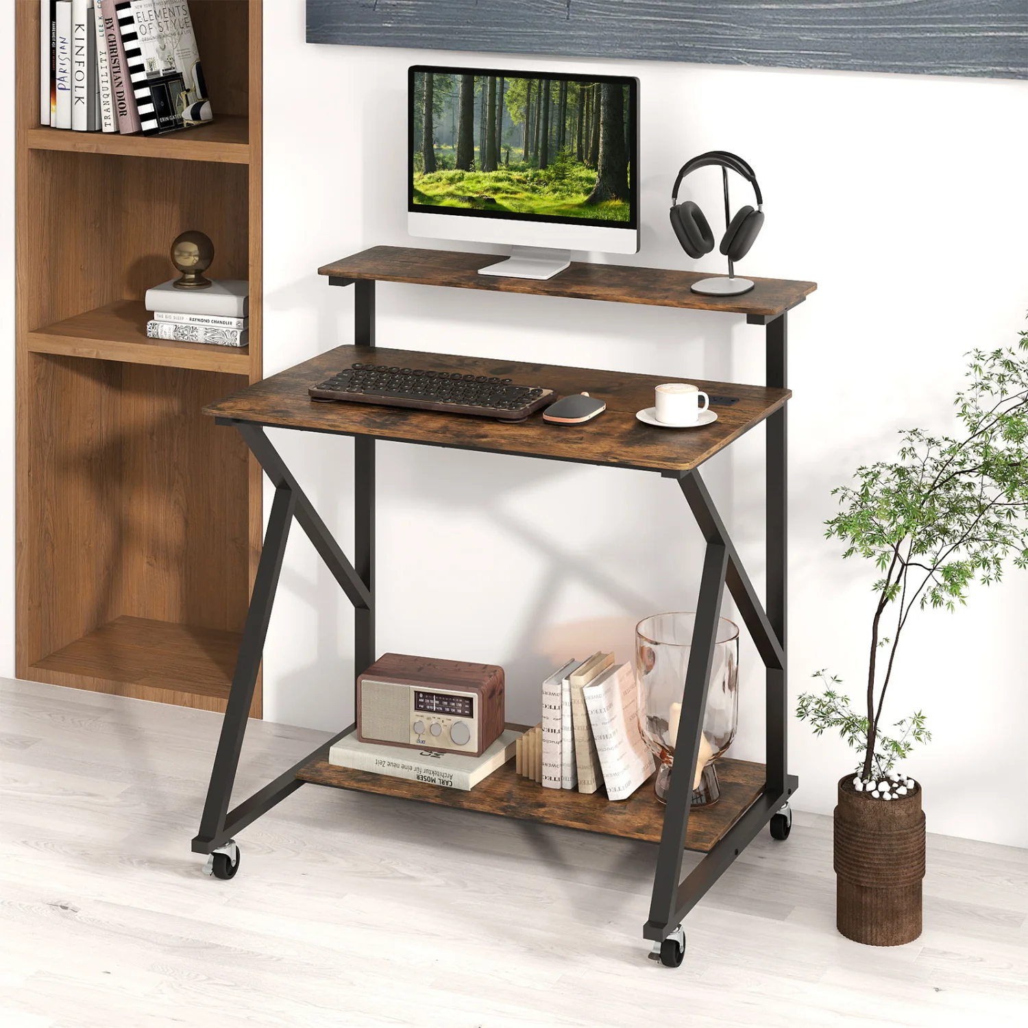 32 Inch Rolling Computer Desk, With Power Outlets, Rustic Brown - Image 8