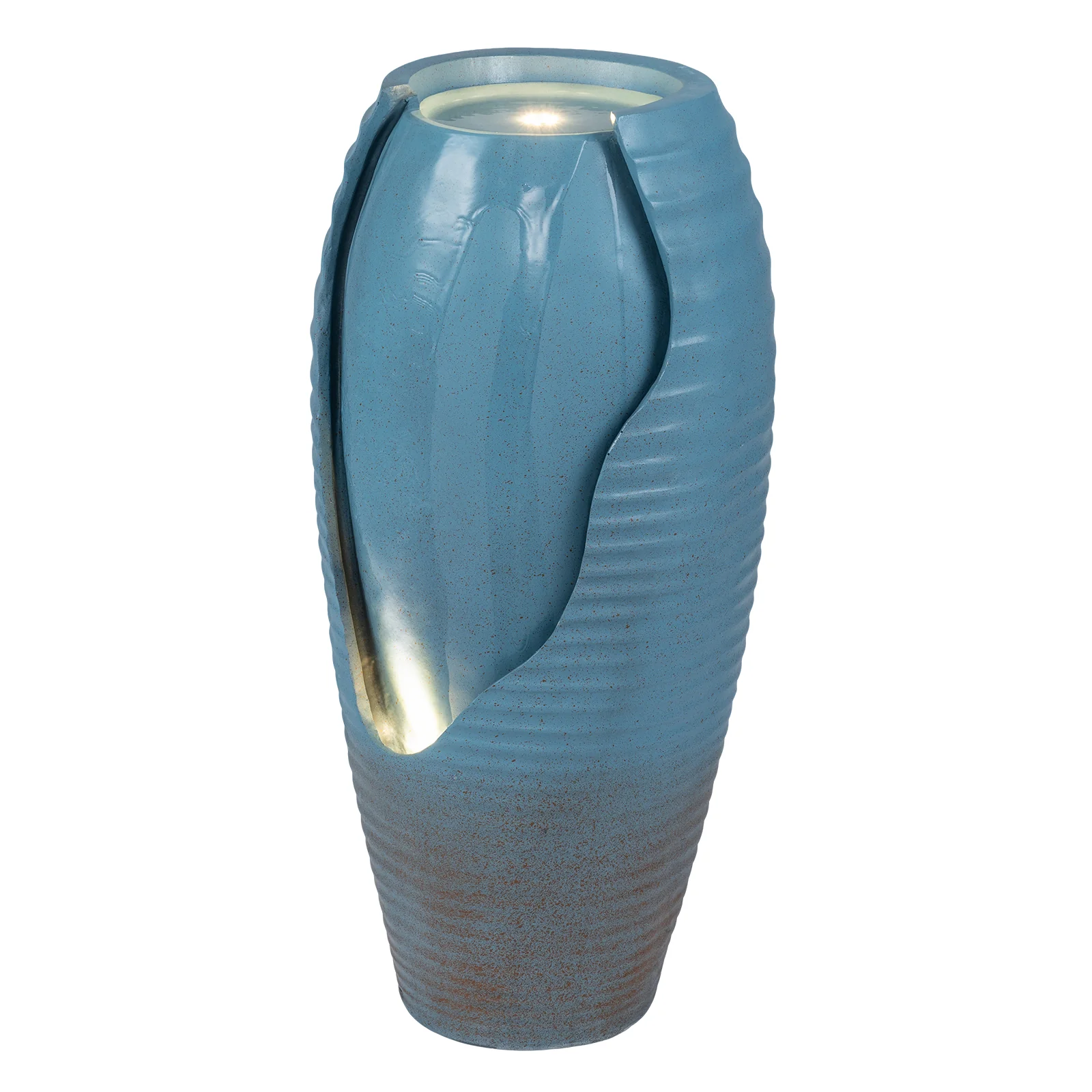 32 Inch Tall Jar Water Fountain, LED Lights, Vintage Ceramic-Look, Blue