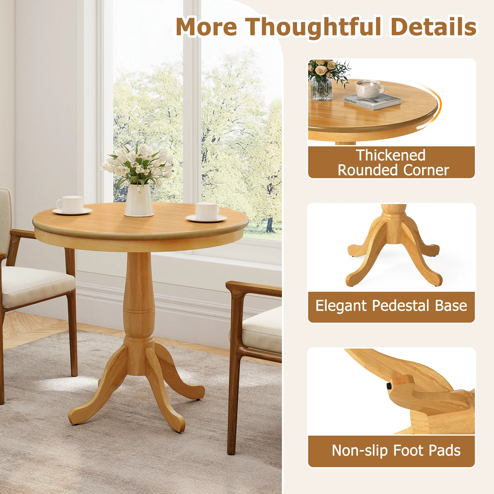 32 Inch Wooden Round Pub Pedestal Side Table, Natural - Image 10
