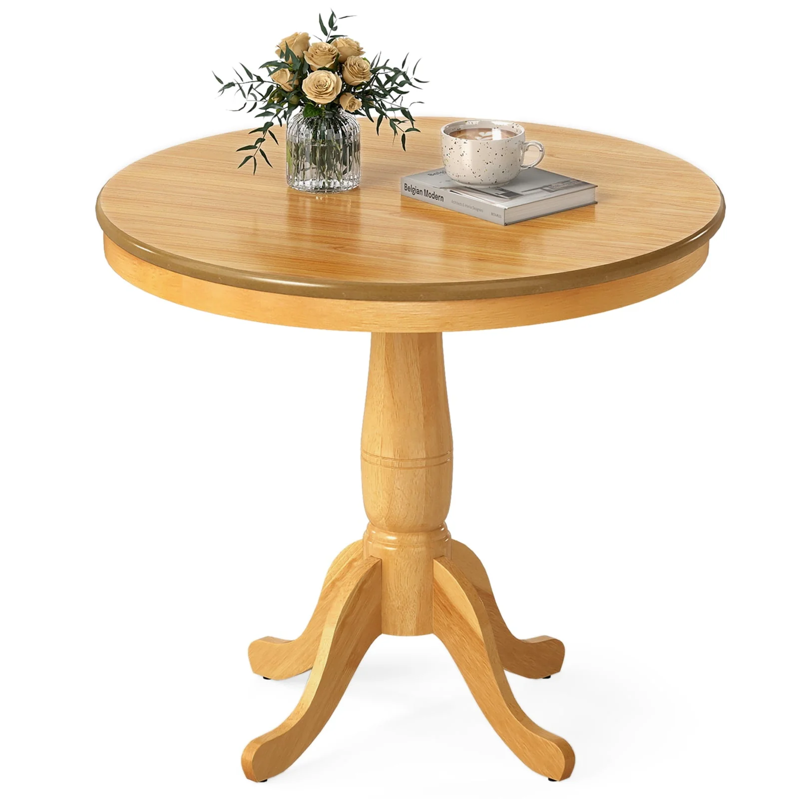 32 Inch Wooden Round Pub Pedestal Side Table, Natural - Image 4