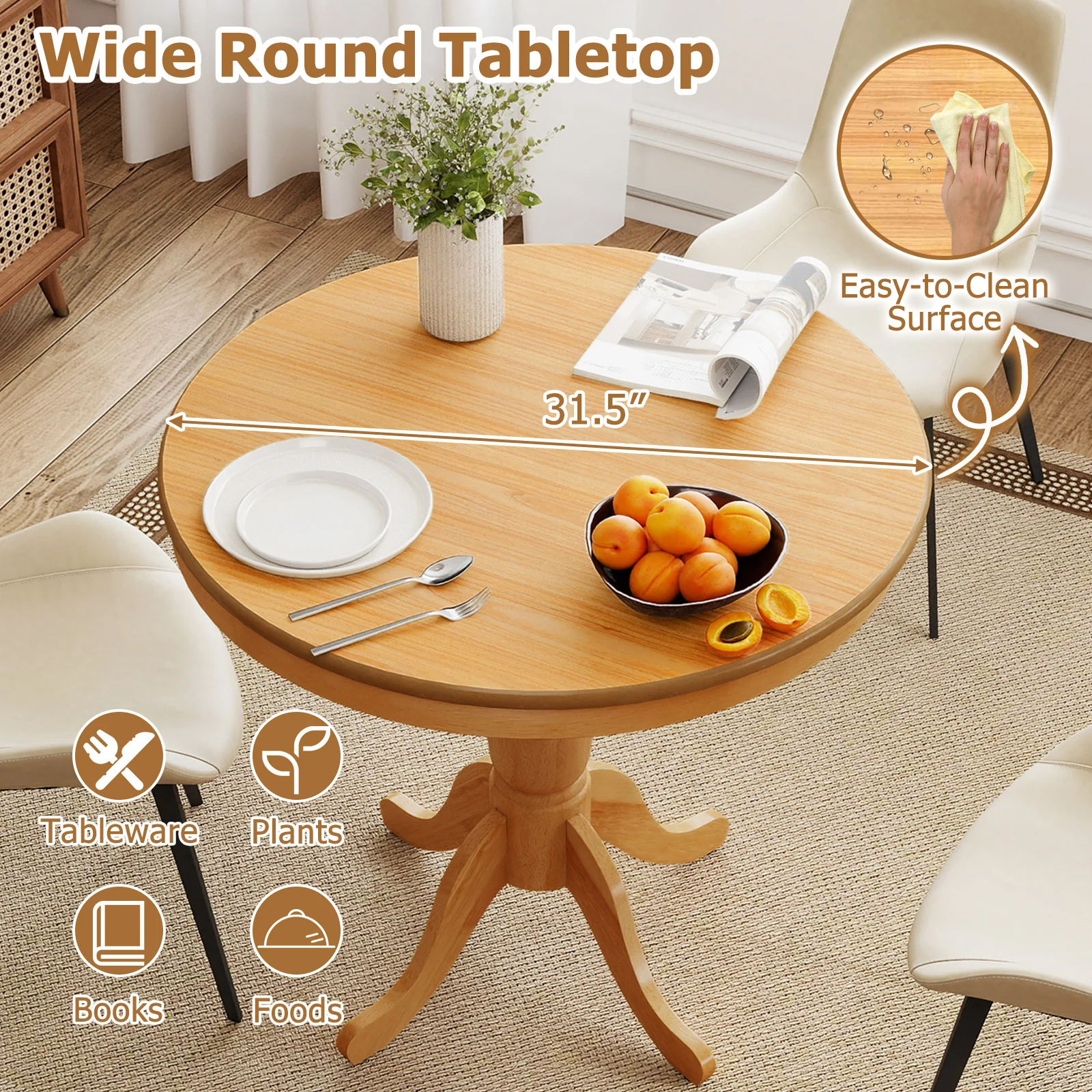 32 Inch Wooden Round Pub Pedestal Side Table, Natural - Image 8