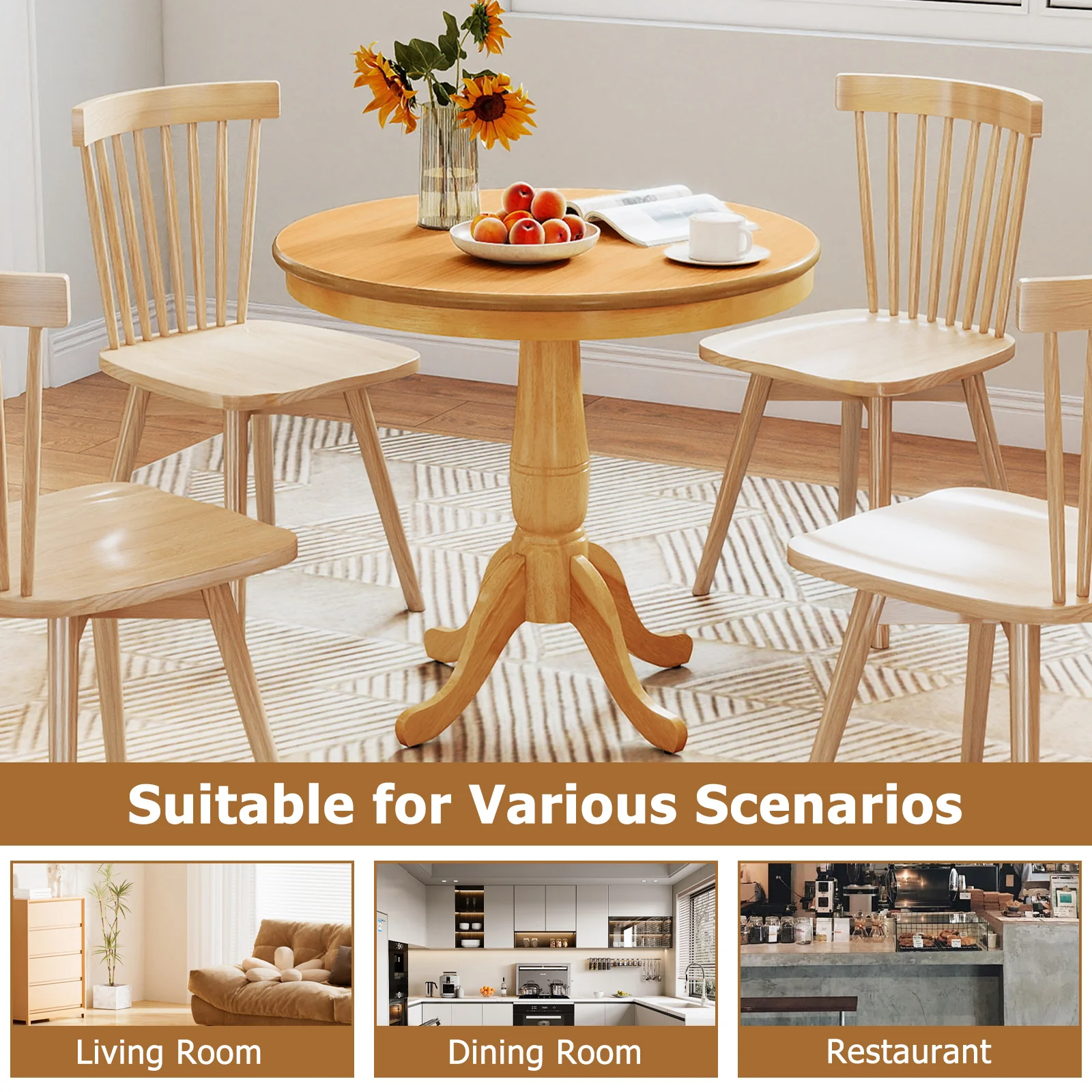 32 Inch Wooden Round Pub Pedestal Side Table, Natural - Image 9