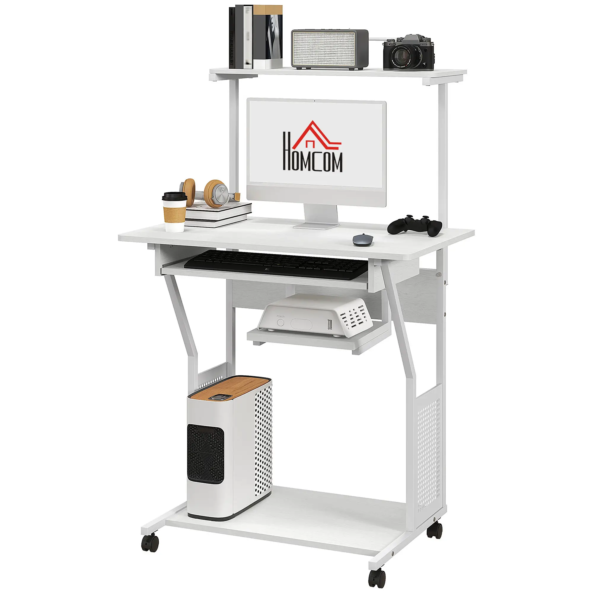 32" Mobile Computer Table, Rolling Study Desk with Keyboard Tray, White