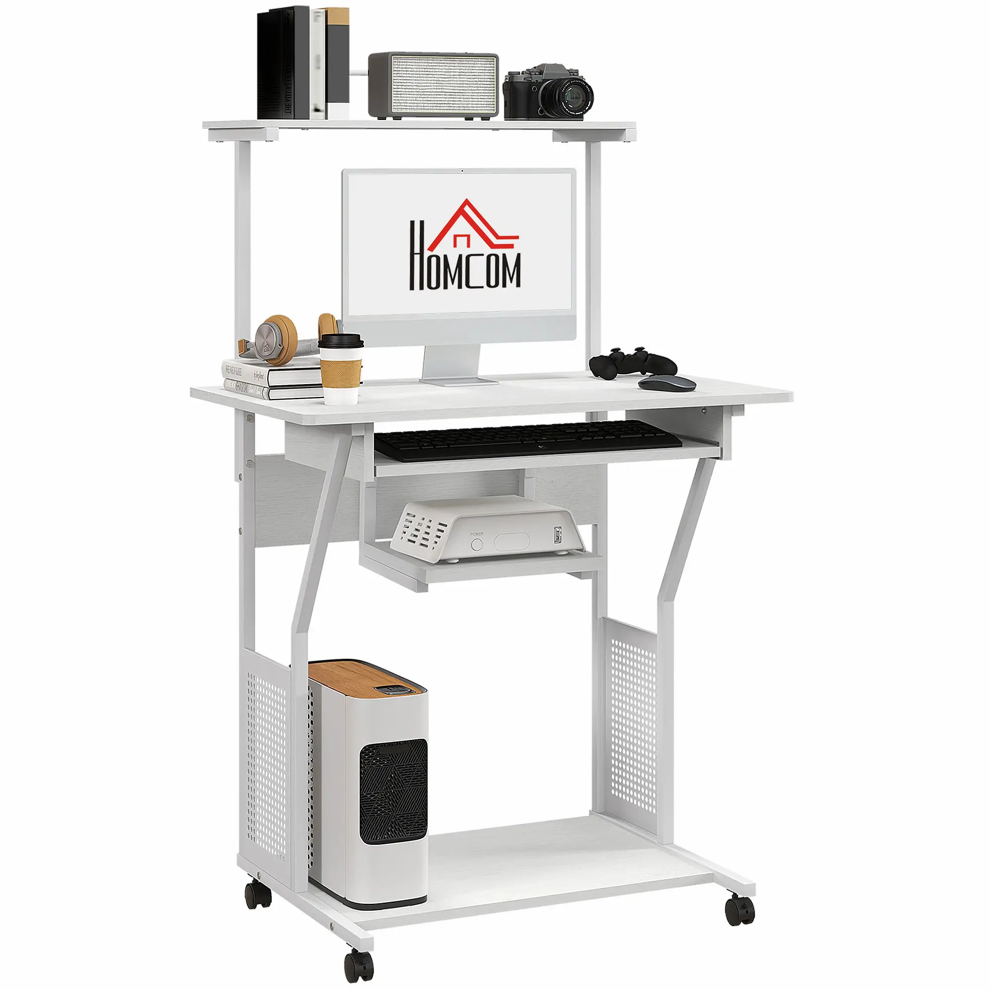 32" Mobile Computer Table, Rolling Study Desk with Keyboard Tray, White - Image 11
