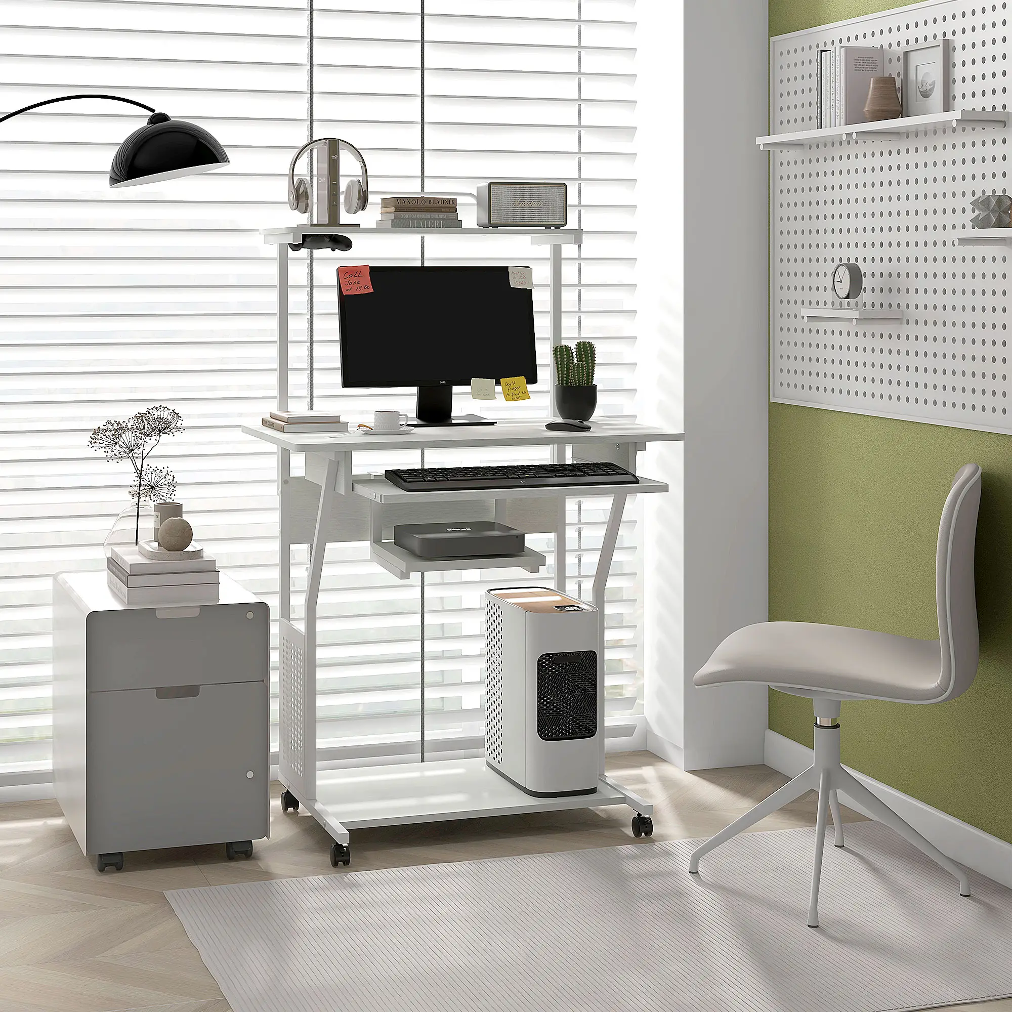 32" Mobile Computer Table, Rolling Study Desk with Keyboard Tray, White - Image 2
