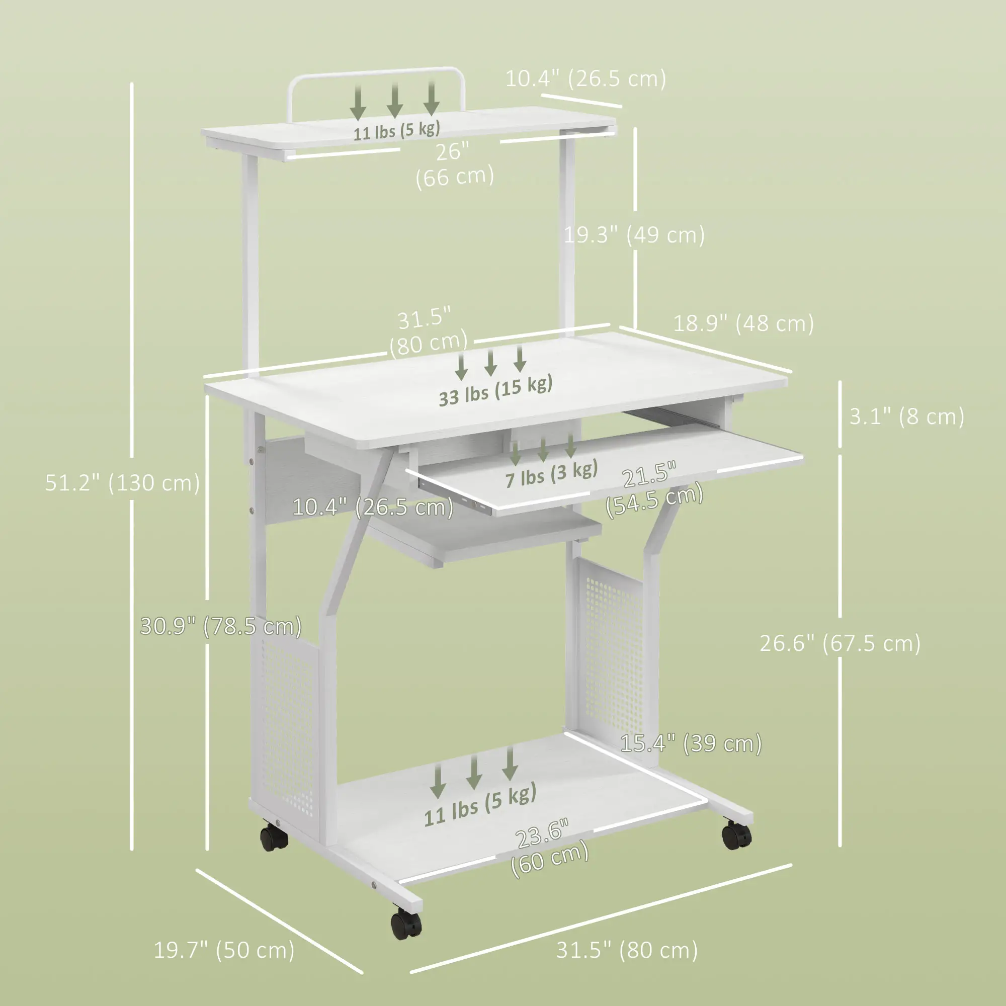 32" Mobile Computer Table, Rolling Study Desk with Keyboard Tray, White - Image 3