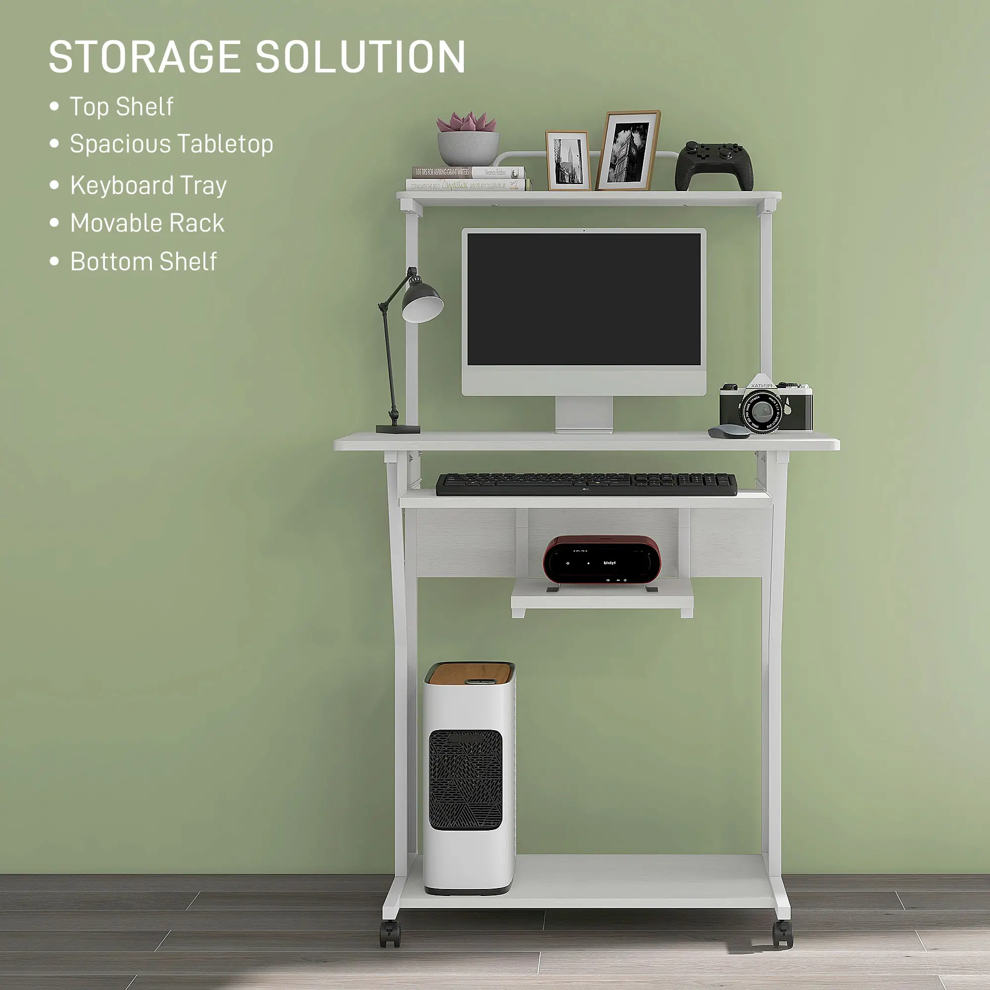 32" Mobile Computer Table, Rolling Study Desk with Keyboard Tray, White - Image 4