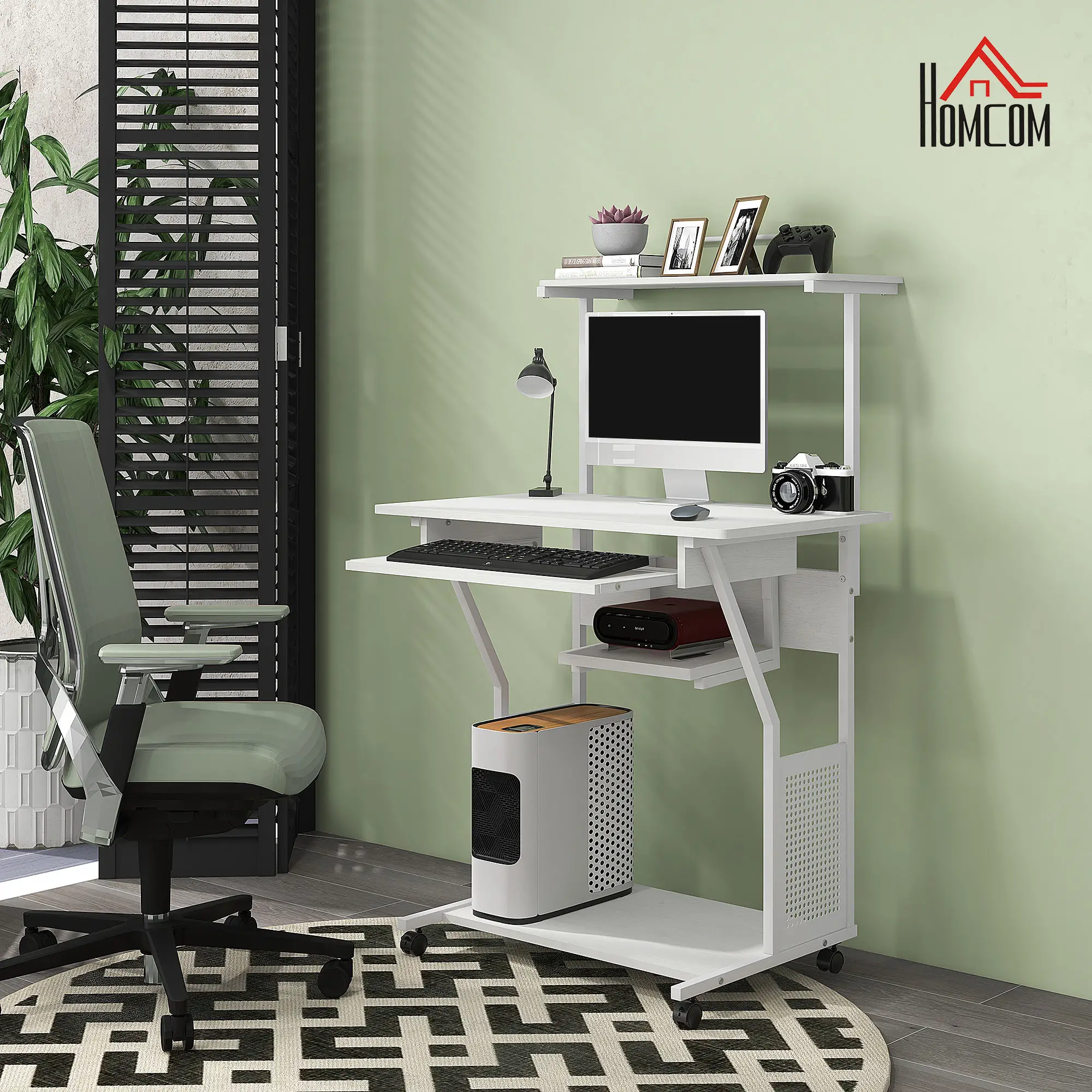 32" Mobile Computer Table, Rolling Study Desk with Keyboard Tray, White - Image 7