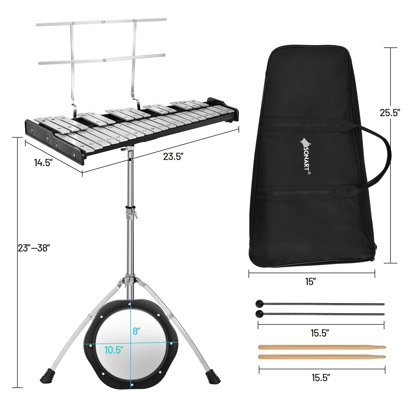32 Note Glockenspiel Xylophone, Adjustable Stand, Black - Image 5