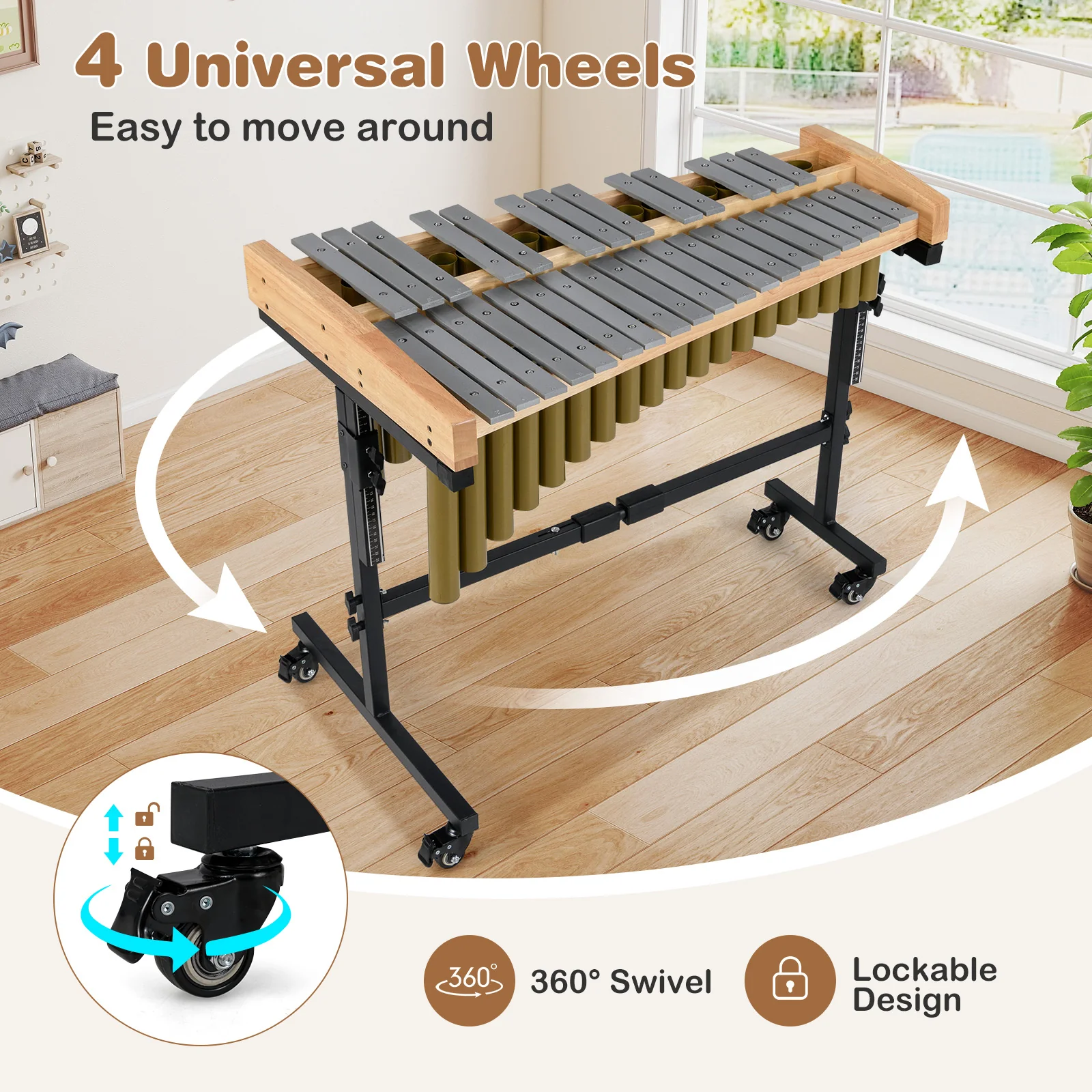 32 Note Marimba Aluminum Xylophone with Rubber Wood Base, Golden - Image 10