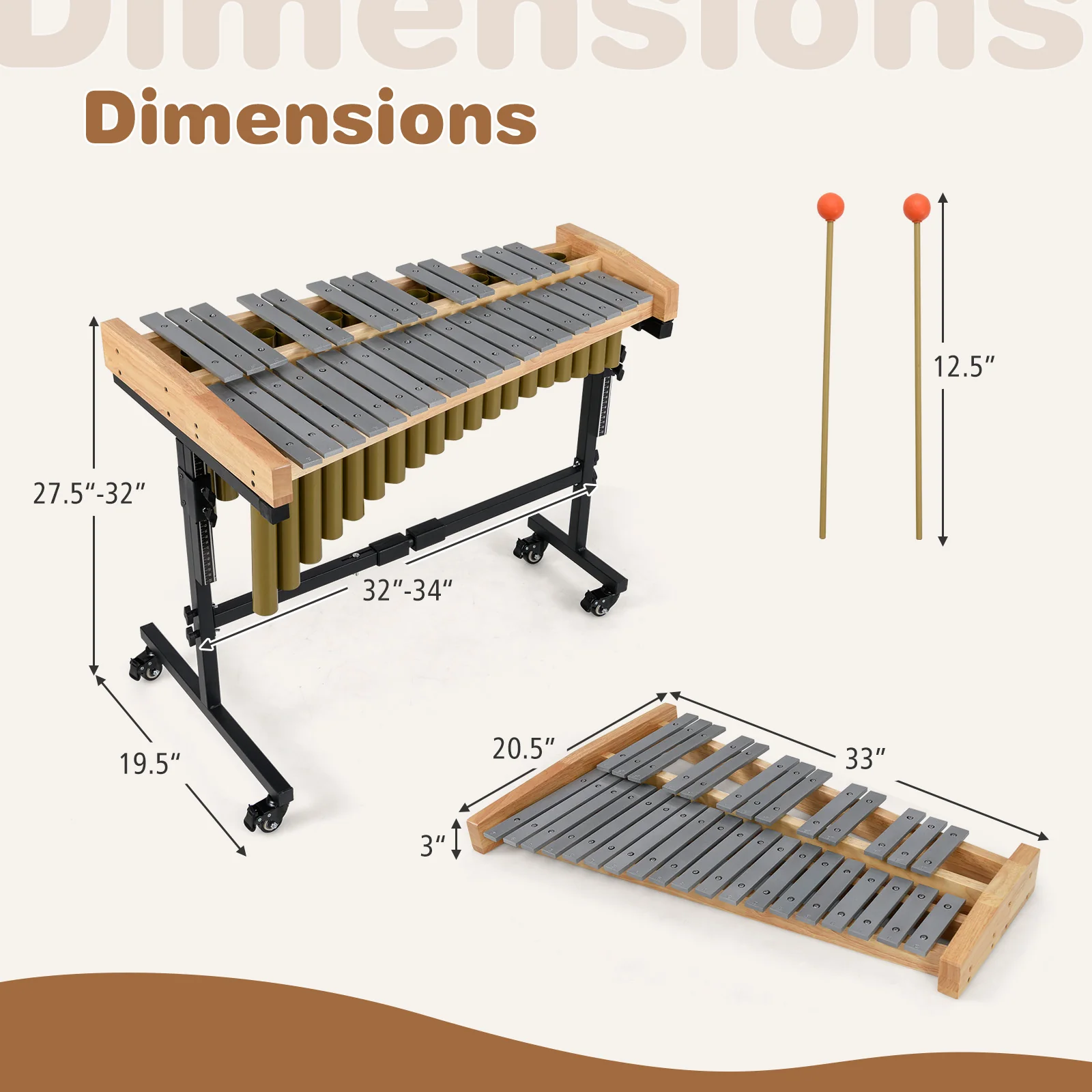 32 Note Marimba Aluminum Xylophone with Rubber Wood Base, Golden - Image 5
