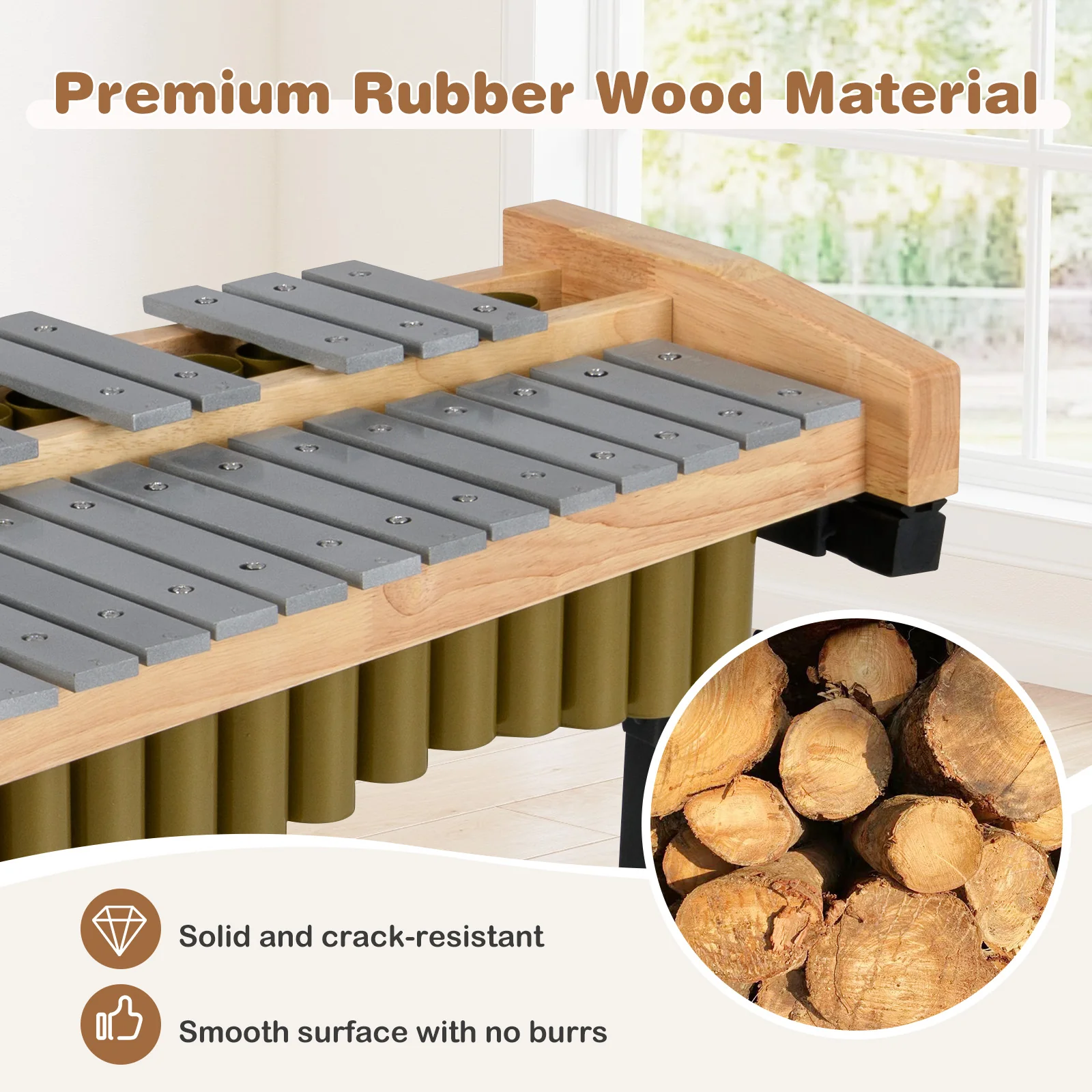 32 Note Marimba Aluminum Xylophone with Rubber Wood Base, Golden - Image 6