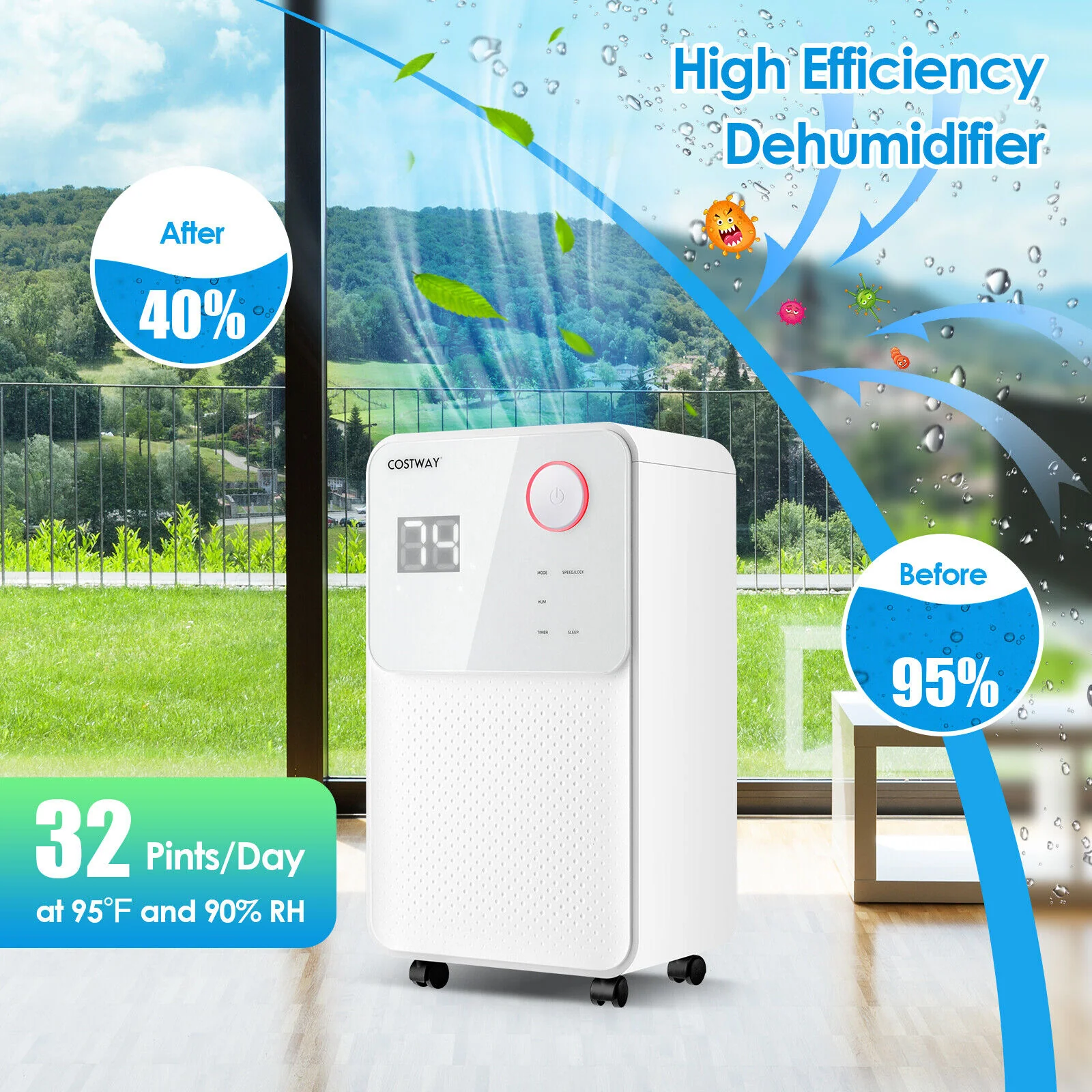 32 Pints 2000 Sq. Ft Dehumidifier, Digital Display, White - Image 9