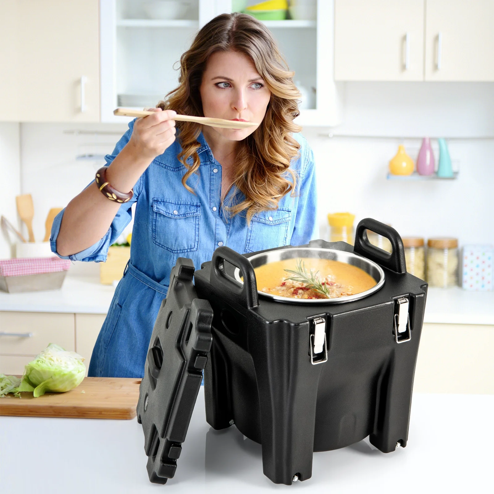 32 QT Portable Insulated Food Carrier, Stainless Steel Barrel, Black - Image 2