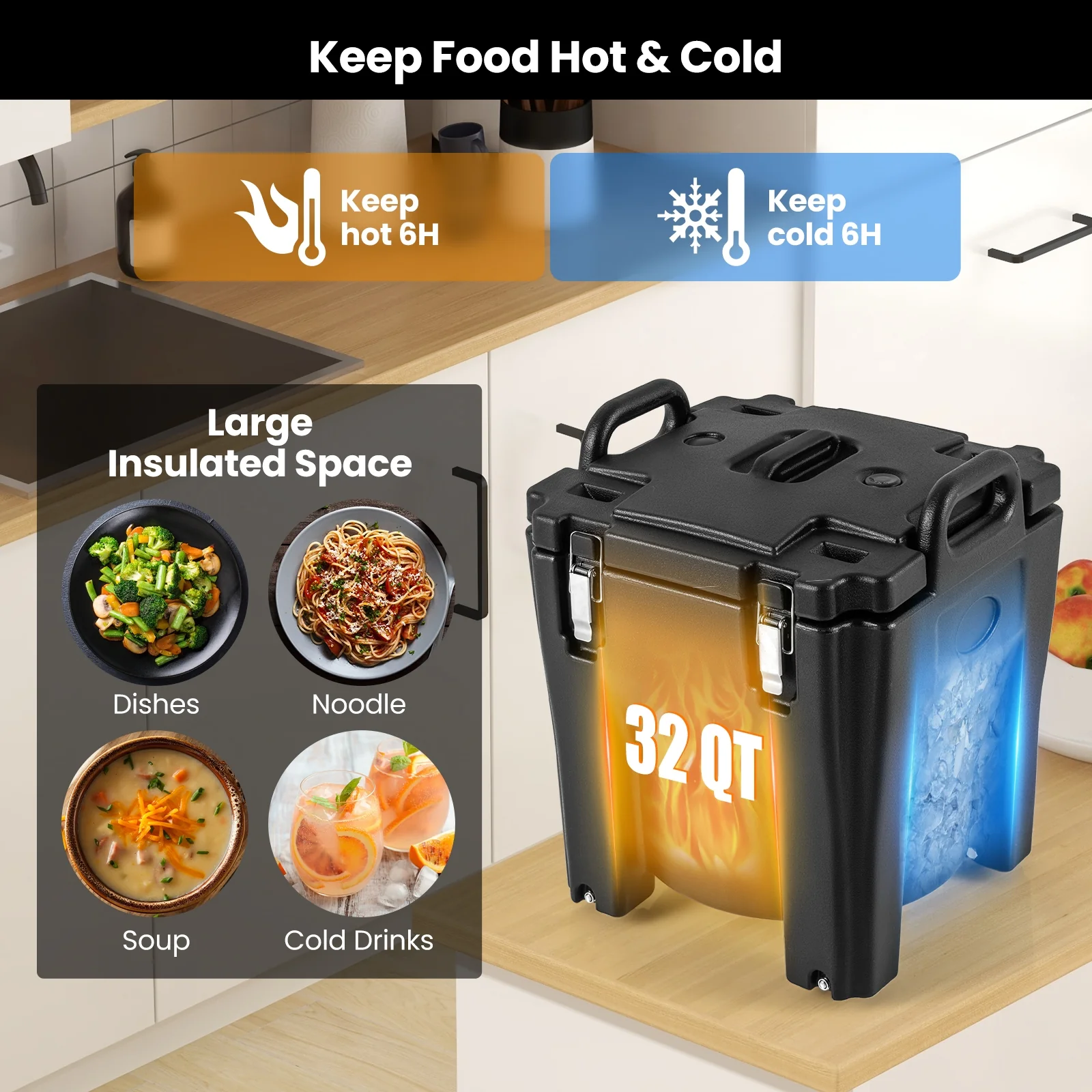 32 QT Portable Insulated Food Carrier, Stainless Steel Barrel, Black - Image 9