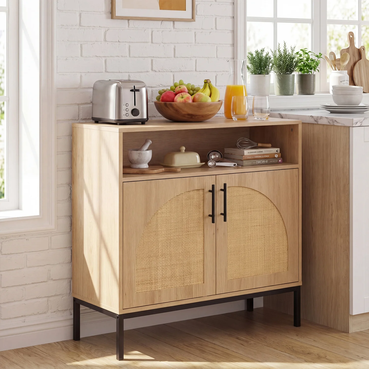 32" Sideboard Buffet Cabinet, 2 Rattan Doors, Adjustable Shelf, Natural - Image 2