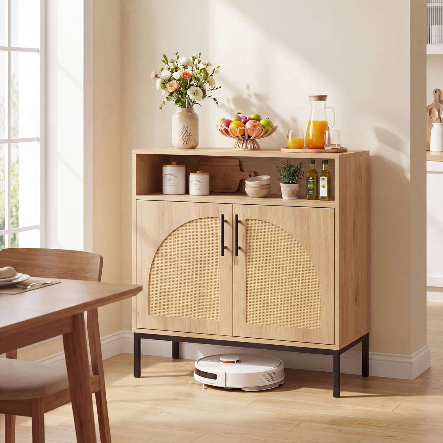 32" Sideboard Buffet Cabinet, 2 Rattan Doors, Adjustable Shelf, Natural - Image 3