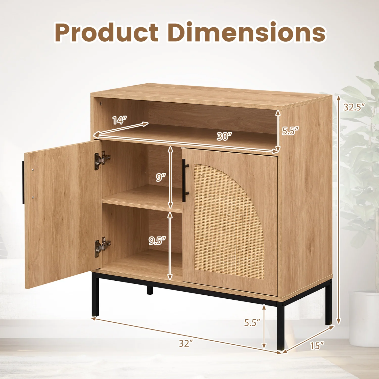 32" Sideboard Buffet Cabinet, 2 Rattan Doors, Adjustable Shelf, Natural - Image 5