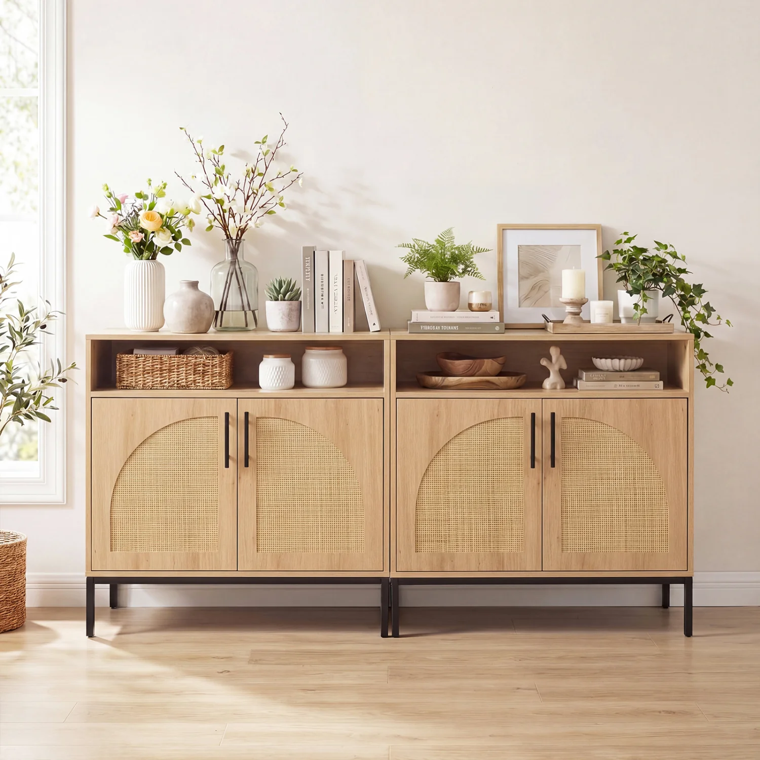 32" Sideboard Buffet Cabinet, 2 Rattan Doors, Adjustable Shelf, Natural - Image 6