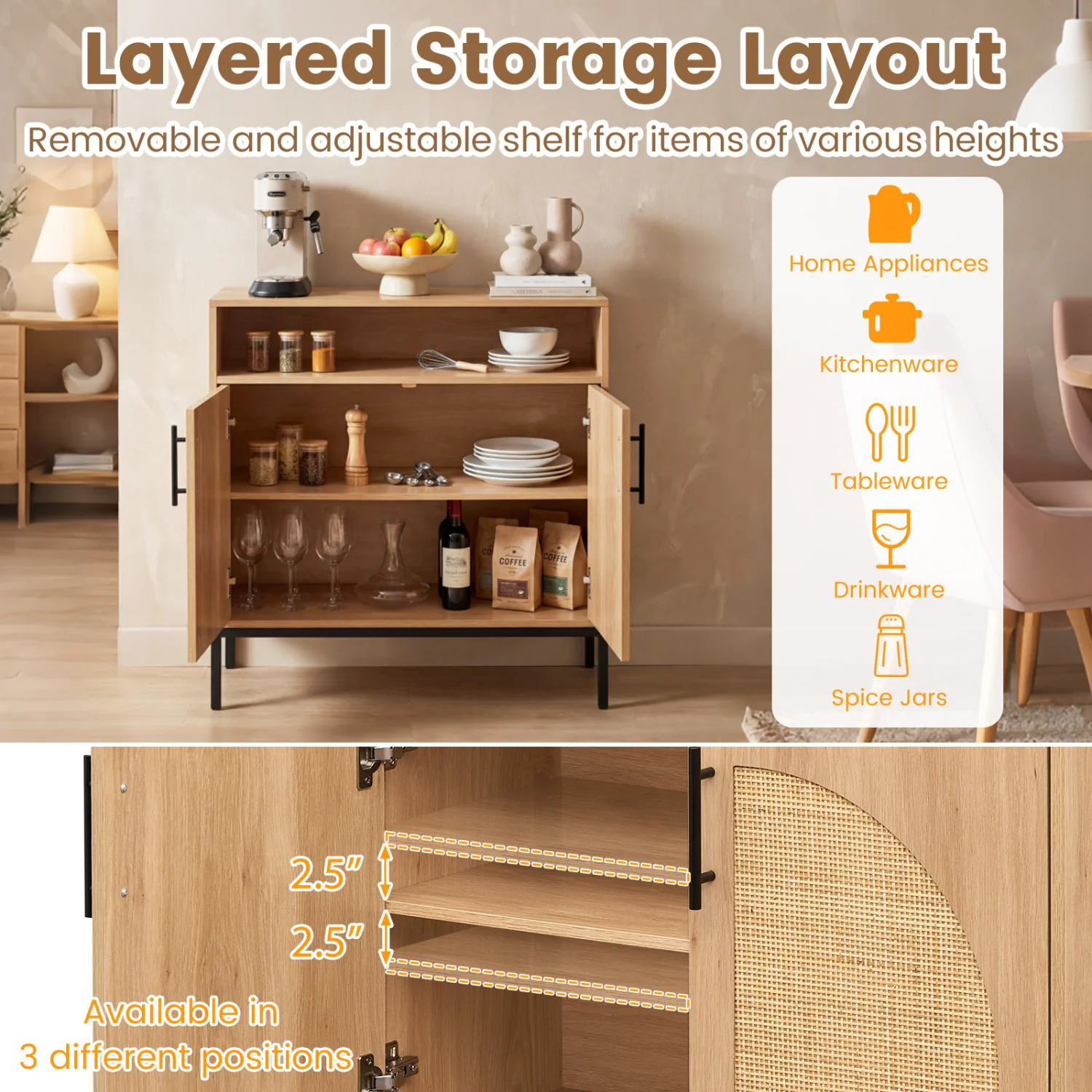 32" Sideboard Buffet Cabinet, 2 Rattan Doors, Adjustable Shelf, Natural - Image 7