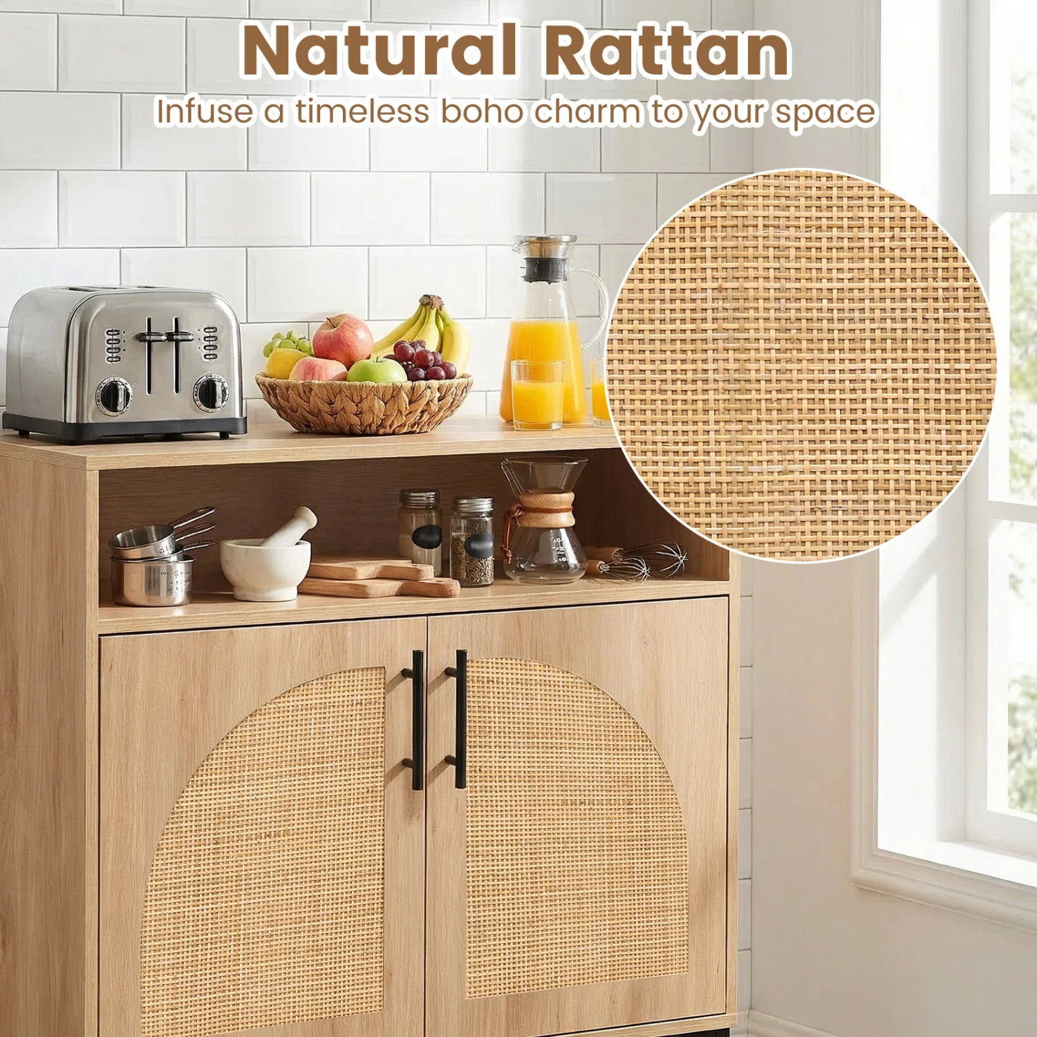 32" Sideboard Buffet Cabinet, 2 Rattan Doors, Adjustable Shelf, Natural - Image 8