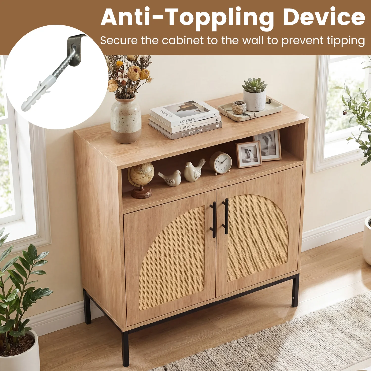 32" Sideboard Buffet Cabinet, 2 Rattan Doors, Adjustable Shelf, Natural - Image 9