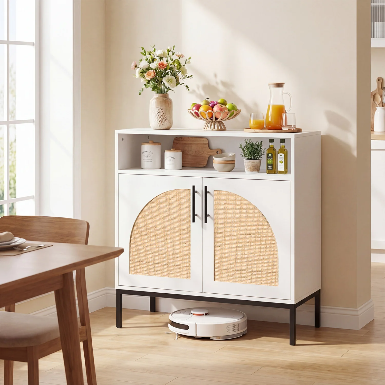 32" Sideboard Buffet Cabinet with Rattan Doors, White - Image 3