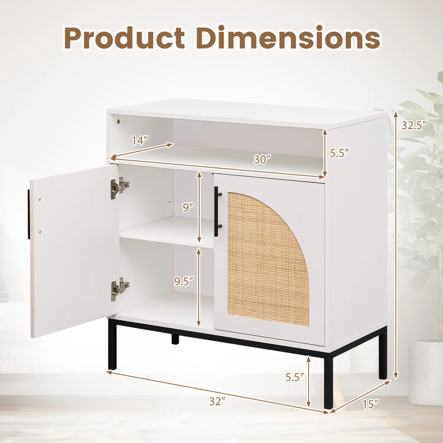 32" Sideboard Buffet Cabinet with Rattan Doors, White - Image 5