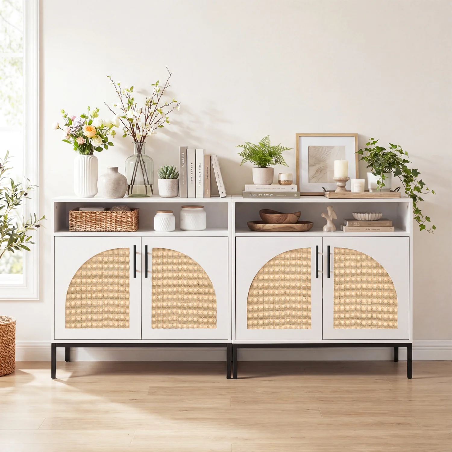 32" Sideboard Buffet Cabinet with Rattan Doors, White - Image 6