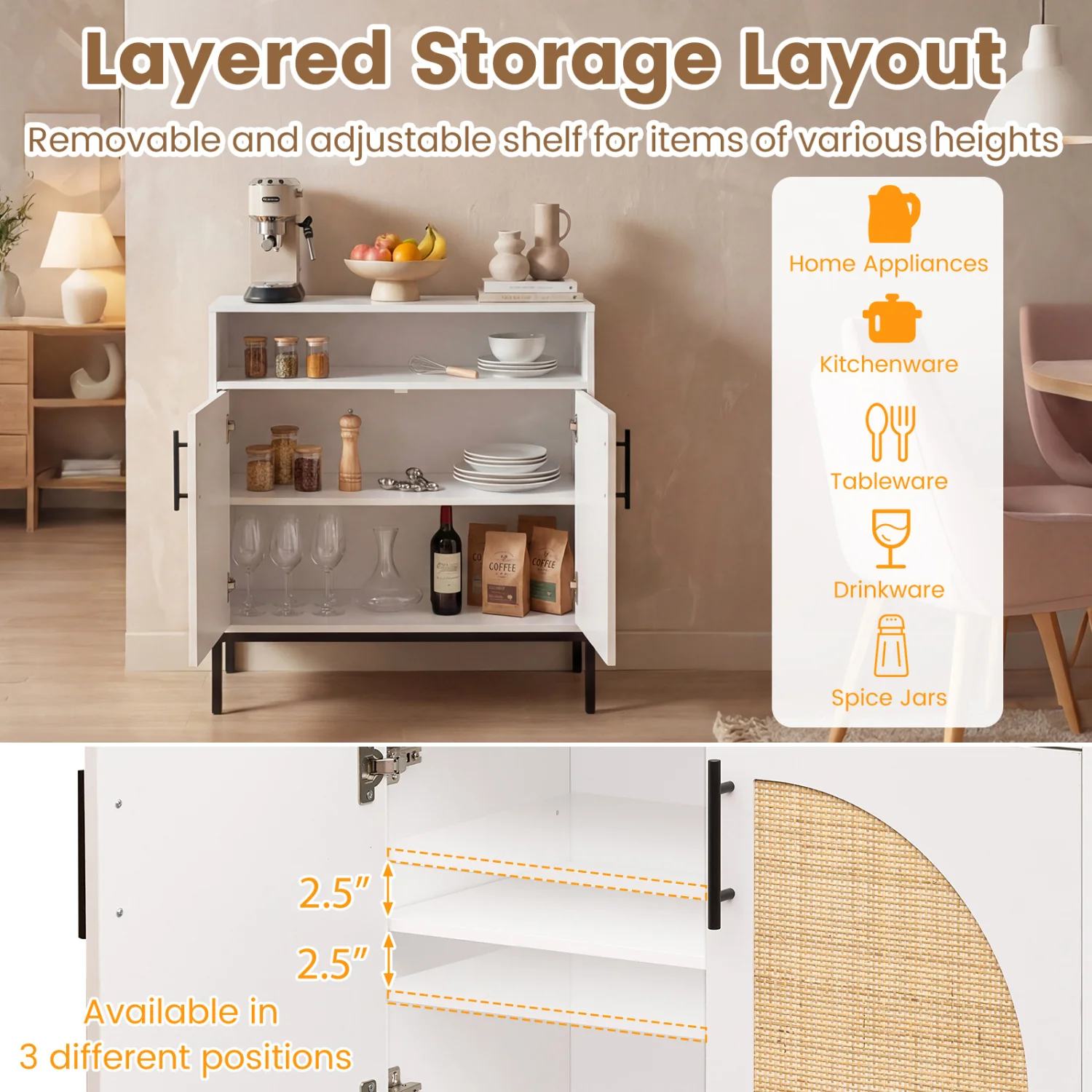 32" Sideboard Buffet Cabinet with Rattan Doors, White - Image 7