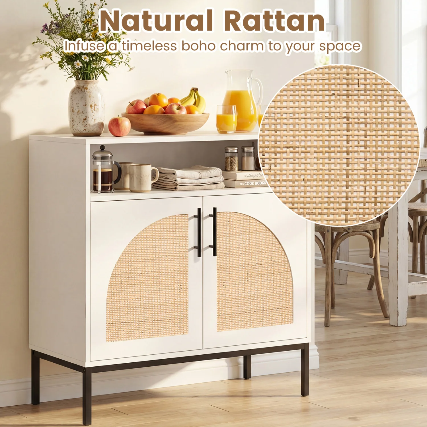 32" Sideboard Buffet Cabinet with Rattan Doors, White - Image 8