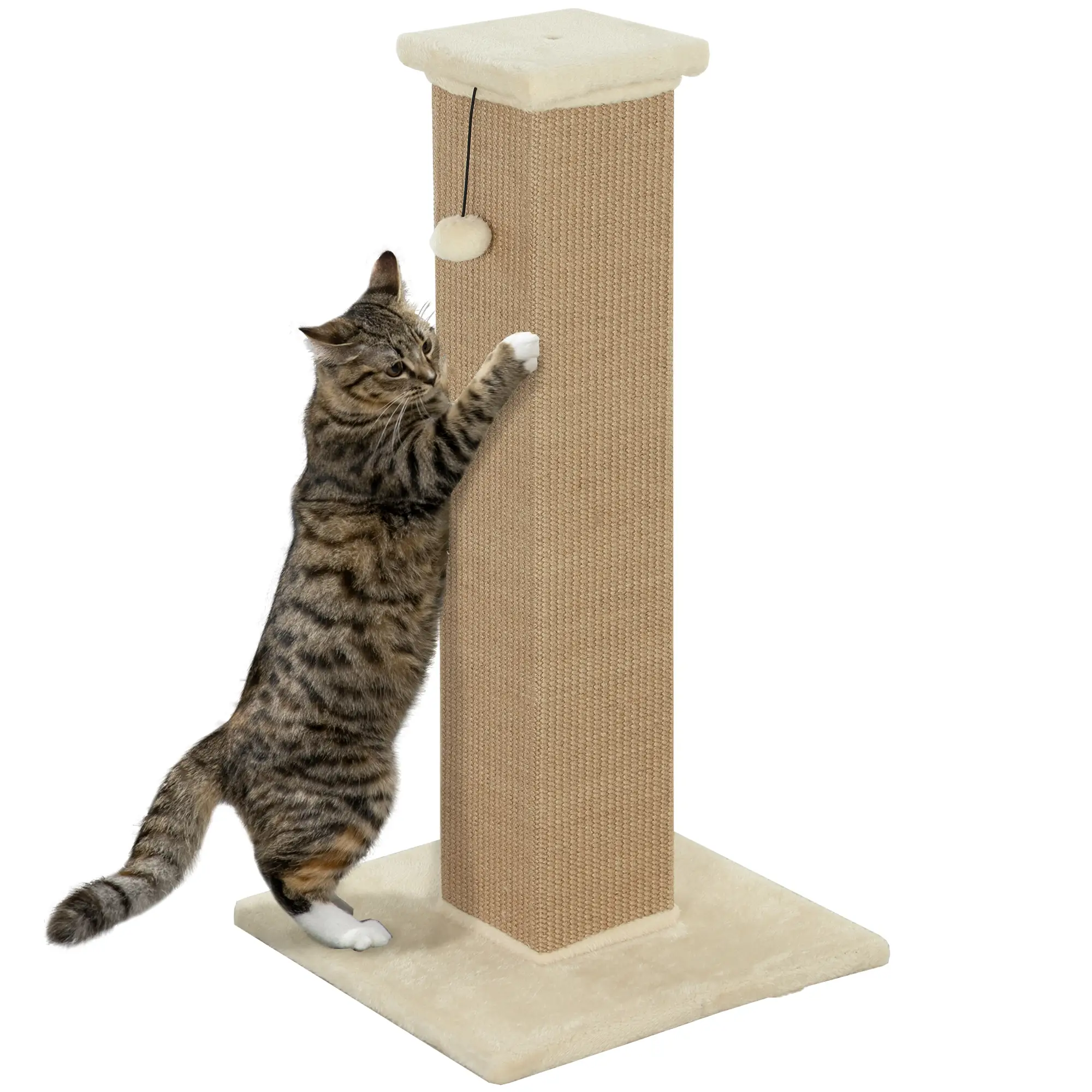 32" Tall Cat Scratching Post, Sisal Scratcher with Hanging Ball, Beige - Image 11