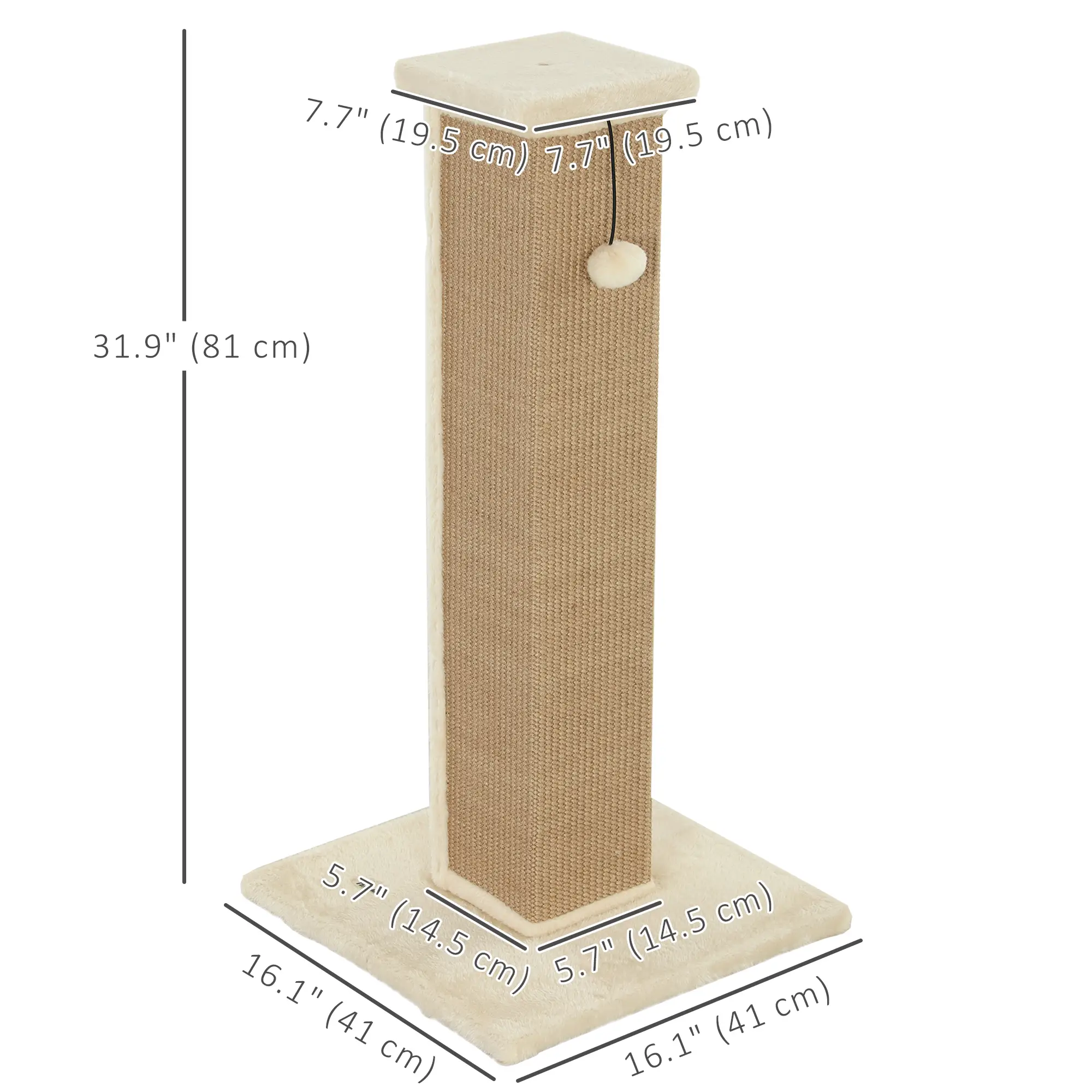 32" Tall Cat Scratching Post, Sisal Scratcher with Hanging Ball, Beige - Image 3
