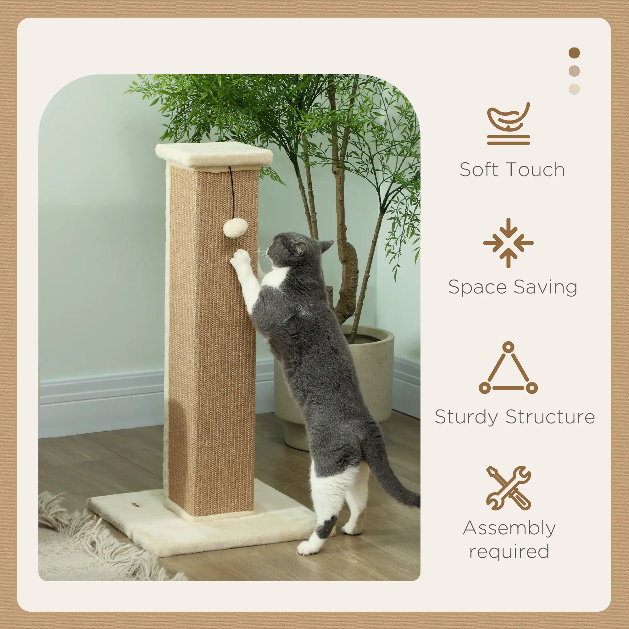 32" Tall Cat Scratching Post, Sisal Scratcher with Hanging Ball, Beige - Image 4