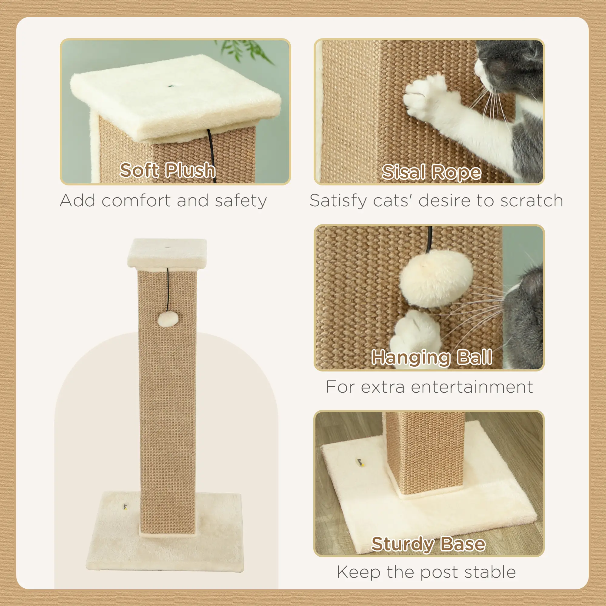 32" Tall Cat Scratching Post, Sisal Scratcher with Hanging Ball, Beige - Image 5