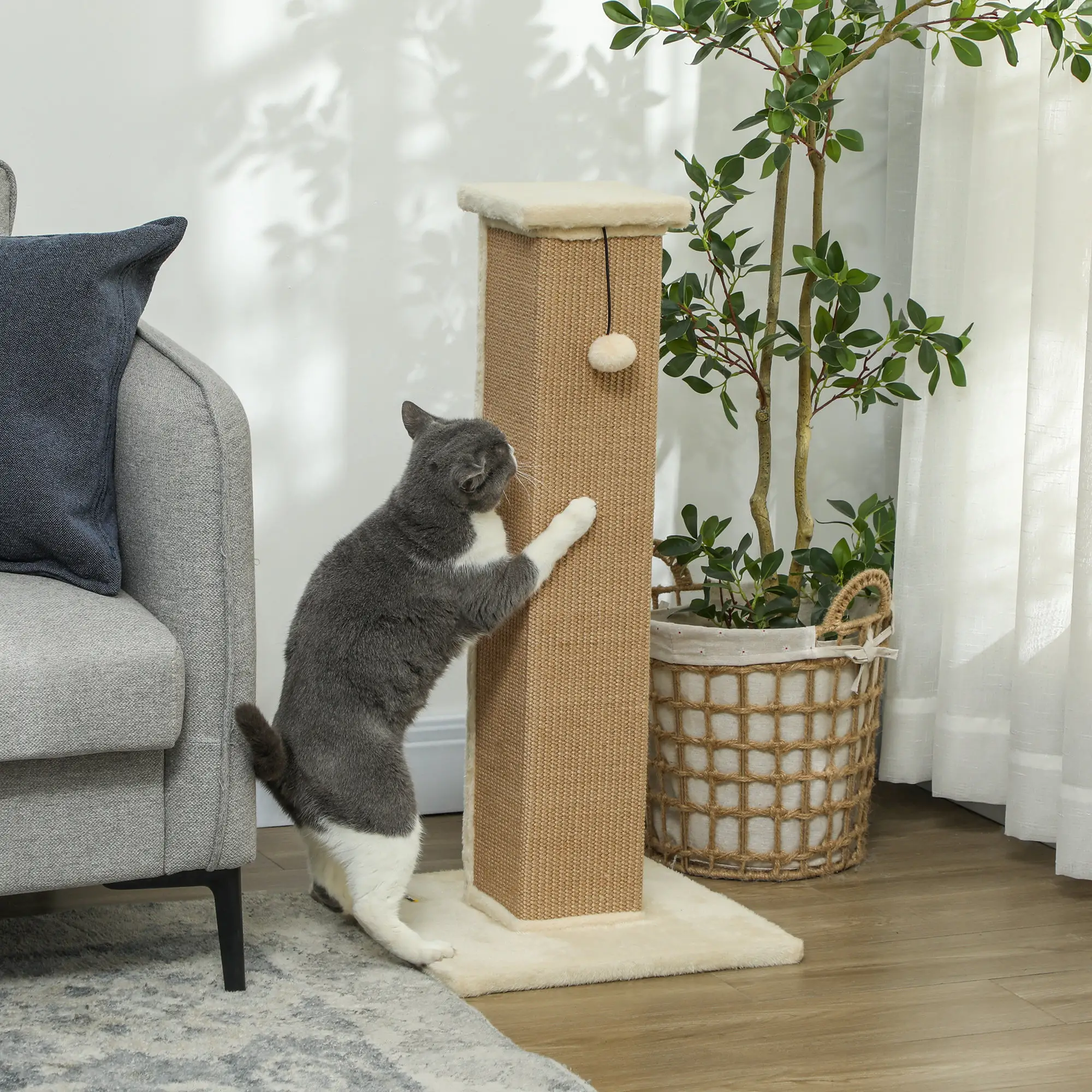 32" Tall Cat Scratching Post, Sisal Scratcher with Hanging Ball, Beige - Image 8