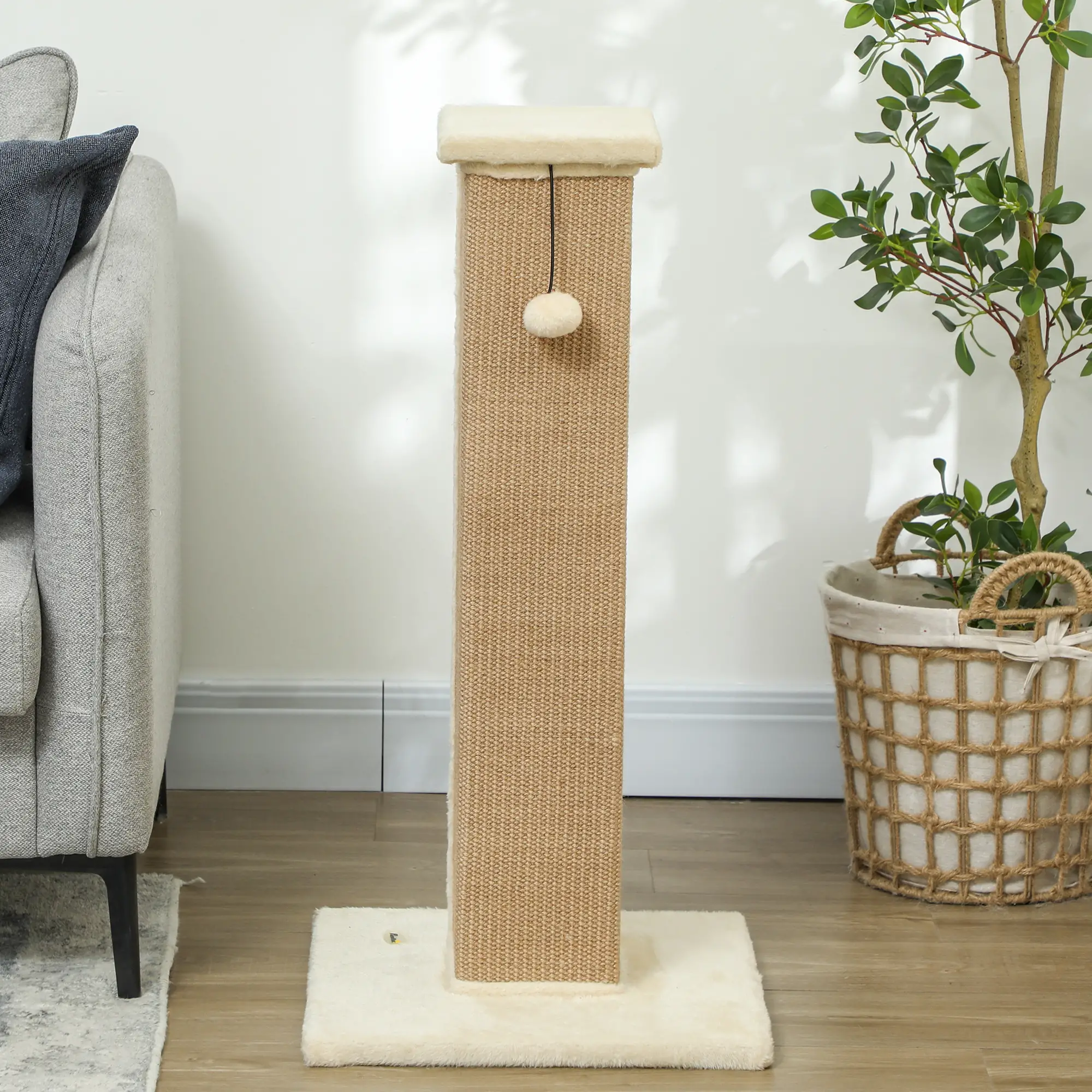 32" Tall Cat Scratching Post, Sisal Scratcher with Hanging Ball, Beige - Image 9