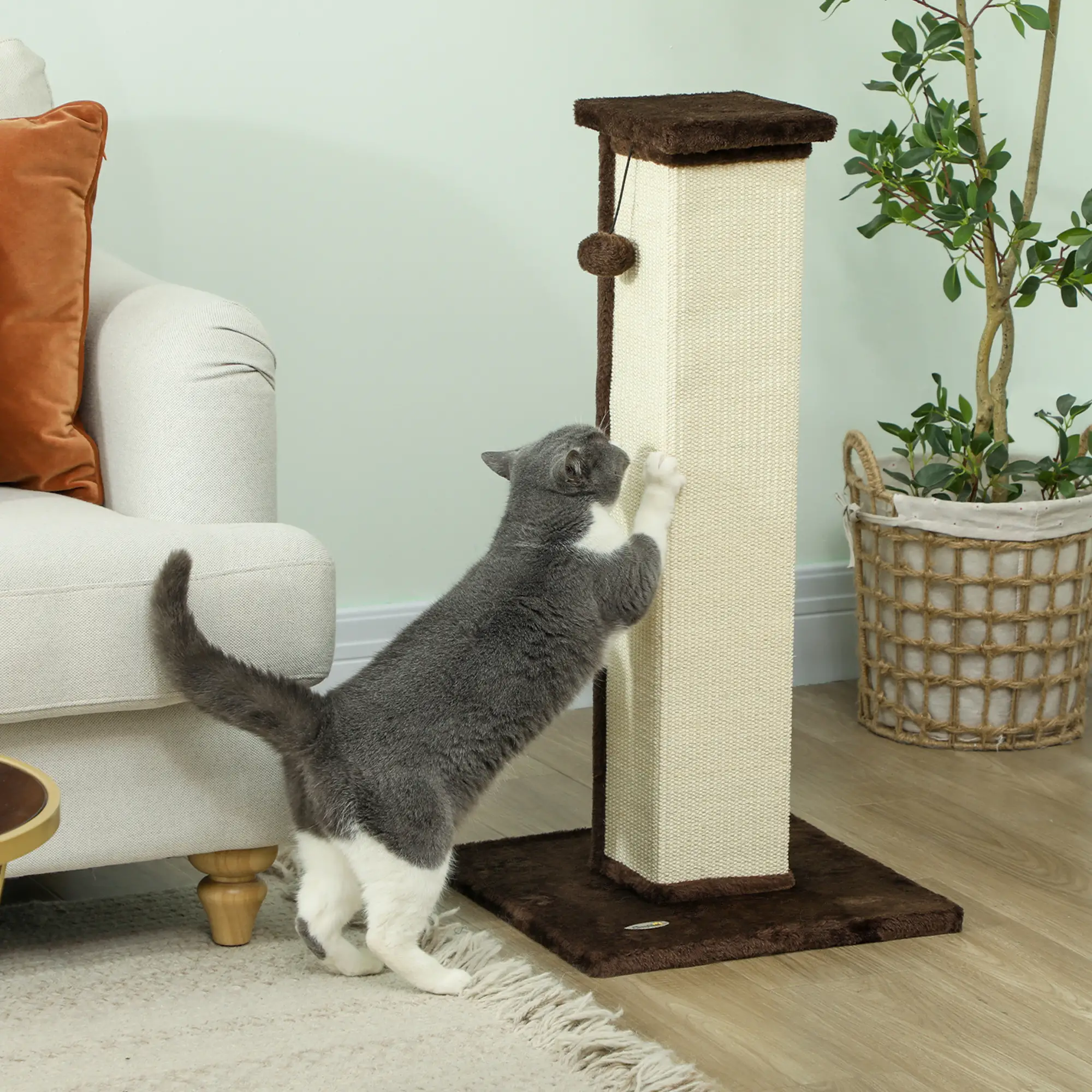 32" Tall Cat Scratching Post, Sisal Scratcher with Hanging Ball, Brown - Image 2
