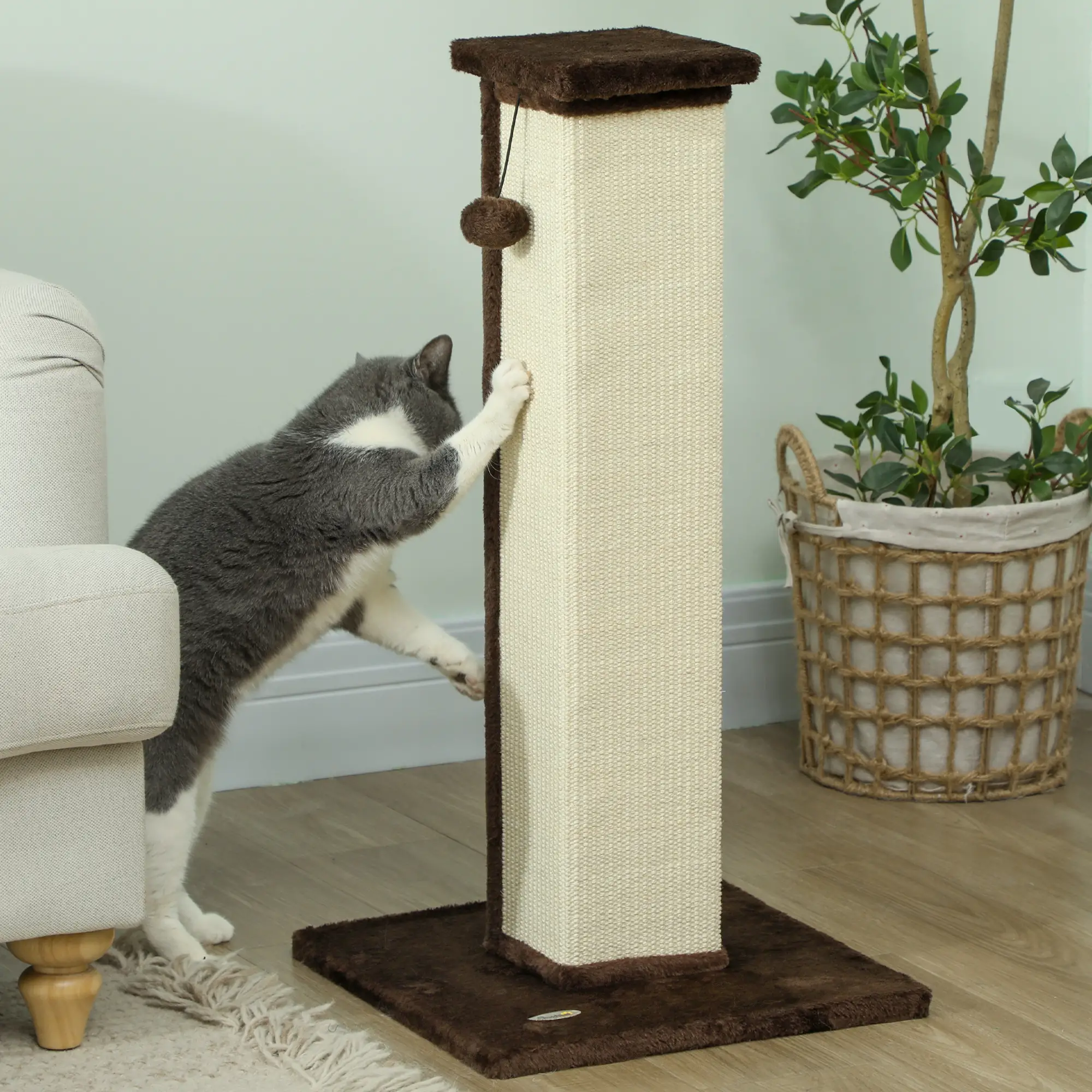 32" Tall Cat Scratching Post, Sisal Scratcher with Hanging Ball, Brown - Image 7