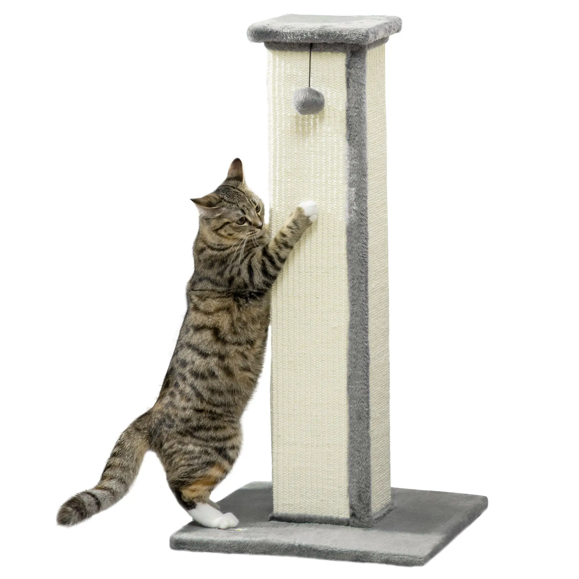 32" Tall Cat Scratching Post, Sisal Scratcher with Hanging Ball, Grey - Image 10
