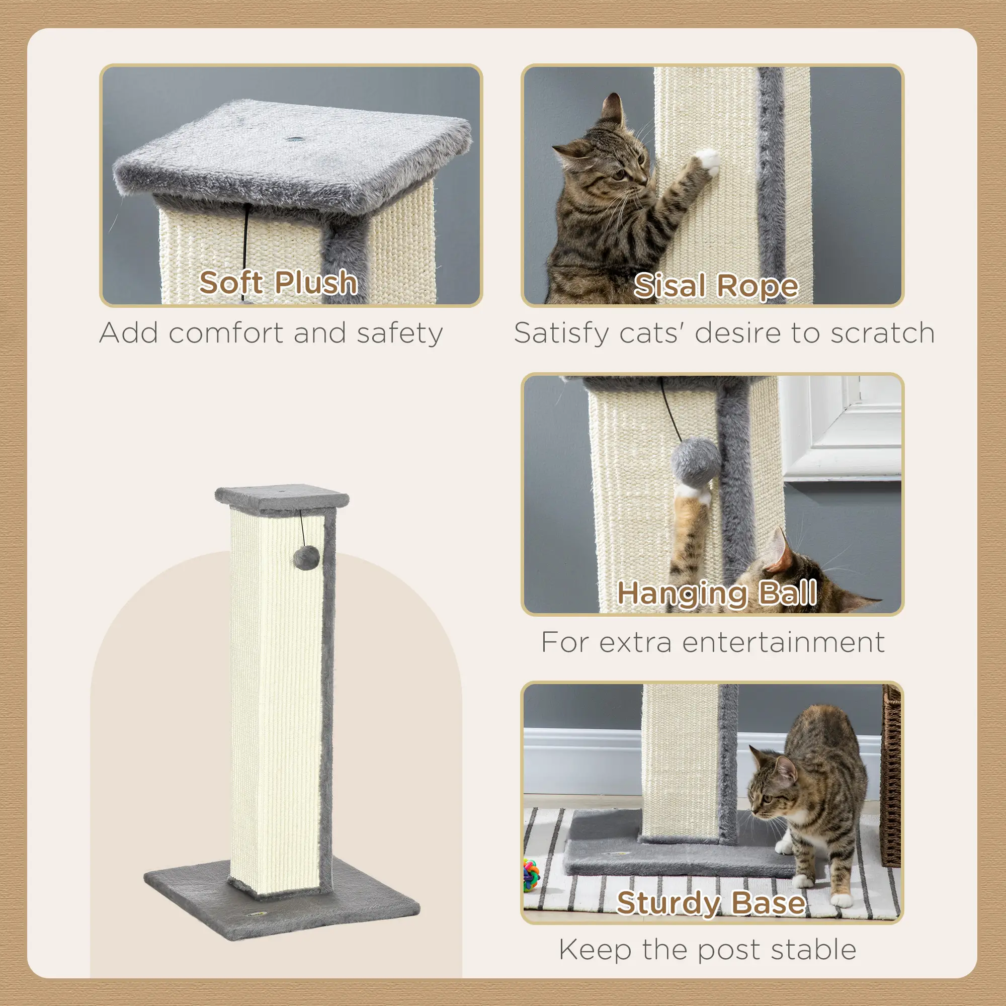32" Tall Cat Scratching Post, Sisal Scratcher with Hanging Ball, Grey - Image 5