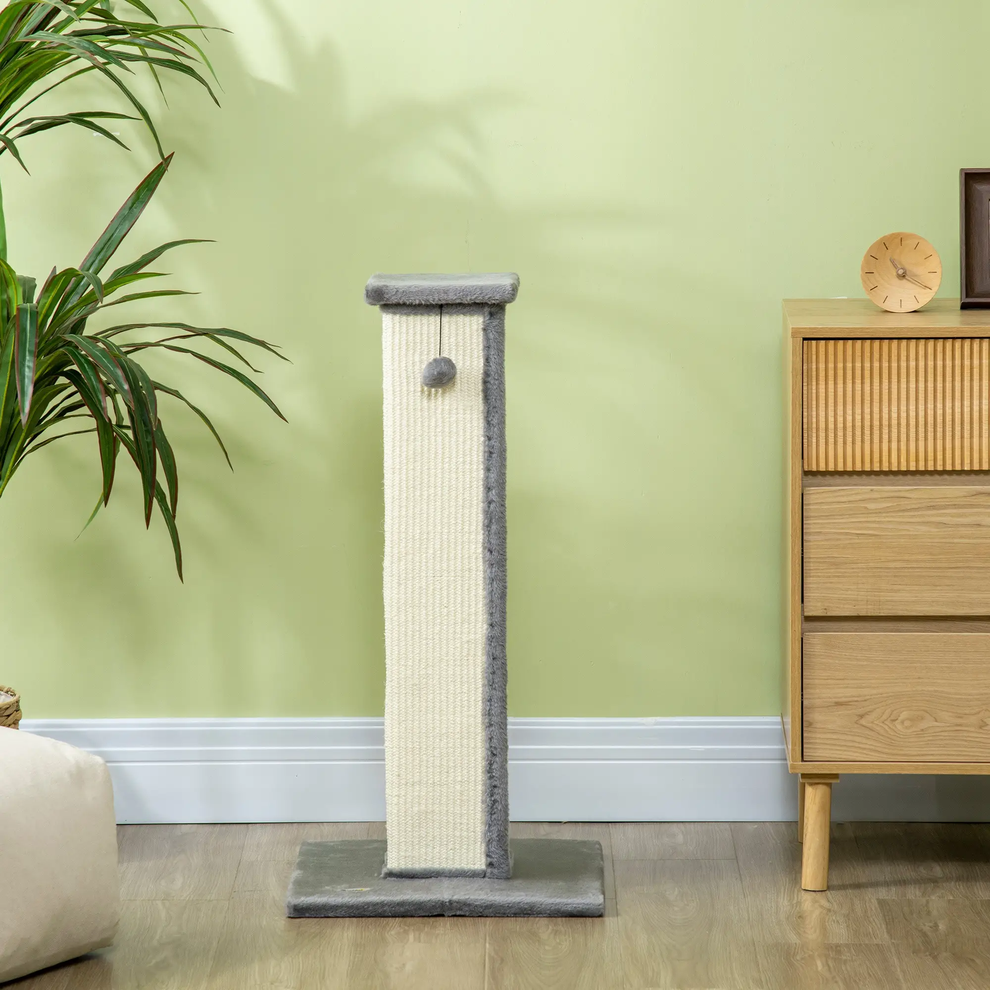 32" Tall Cat Scratching Post, Sisal Scratcher with Hanging Ball, Grey - Image 8