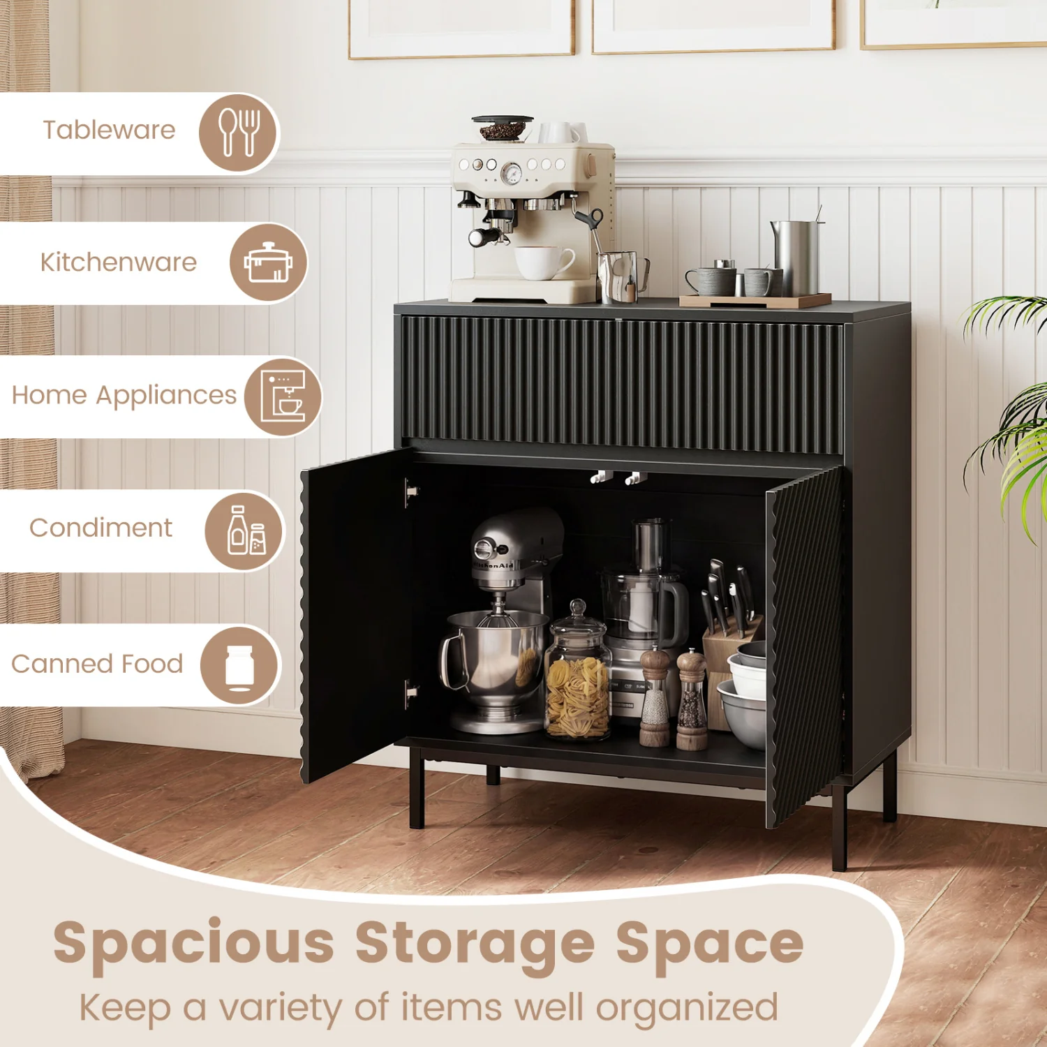32" Wide Buffet Cabinet, 2 Doors, 1 Drawer, Black - Image 7