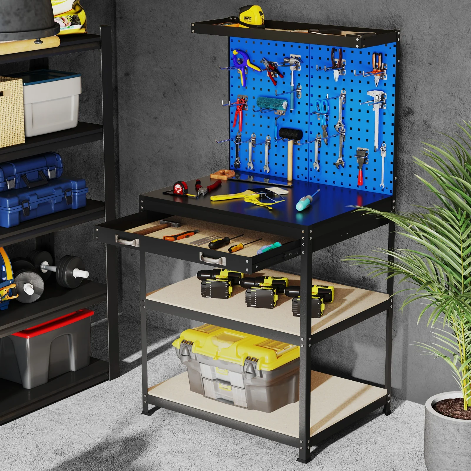 32 x 16 Inch Workbench With Pegboard Drawer, Shelves, Navy - Image 2