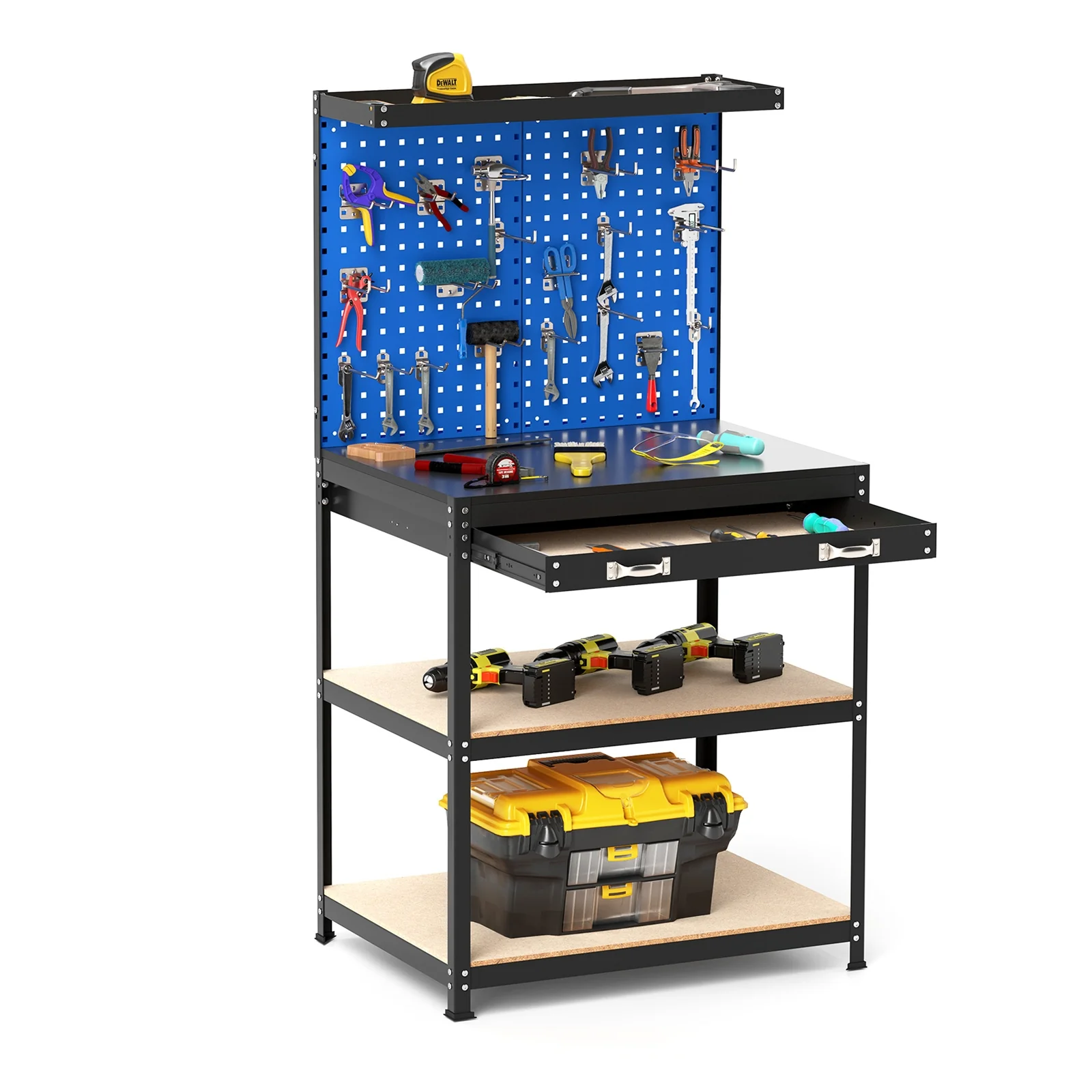 32 x 16 Inch Workbench With Pegboard Drawer, Shelves, Navy - Image 4